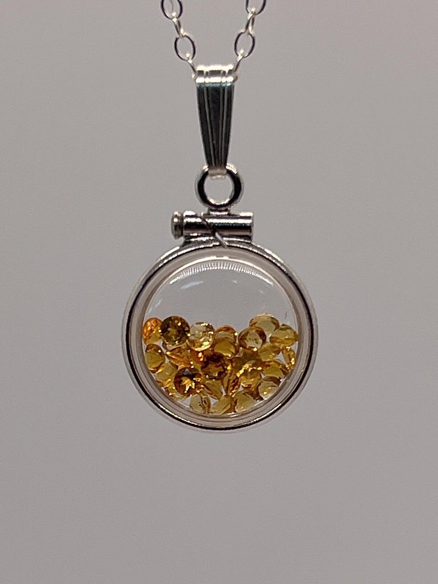 Handmade diminutive sterling silver citrine shaker locket lucite view locket, necklace, beautiful november birthstone. 1.15 tcw
