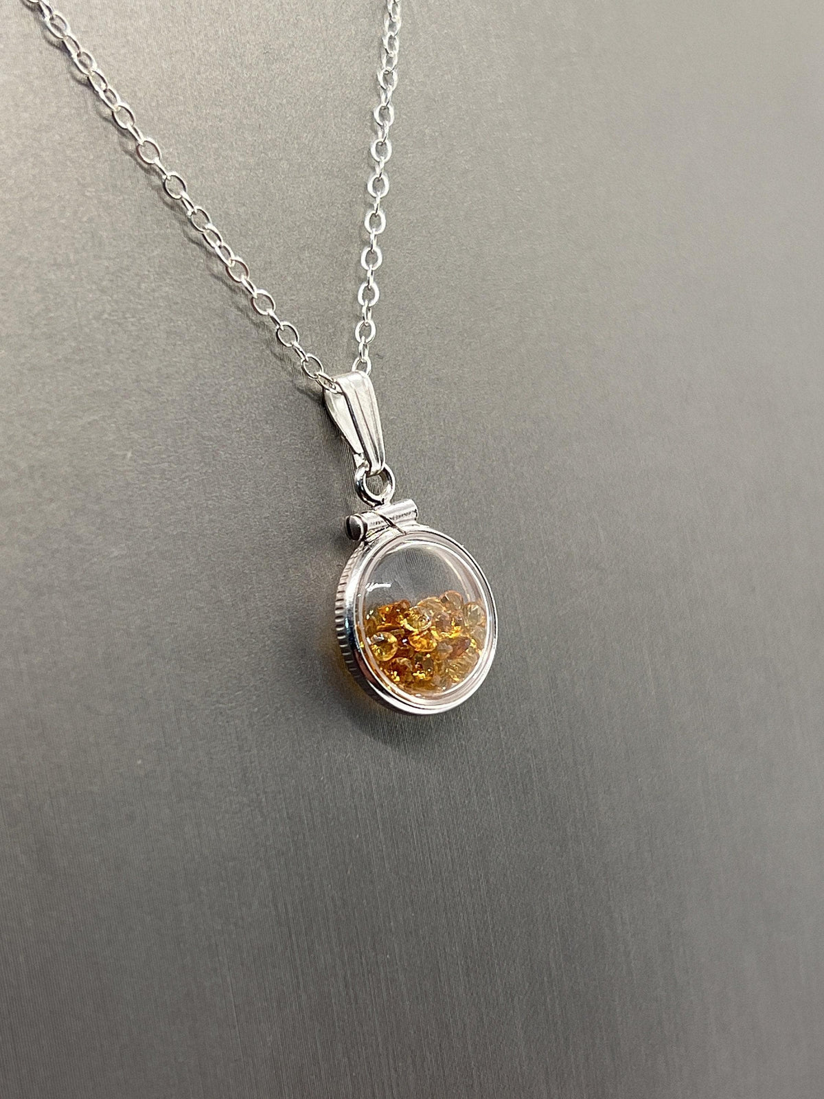 Handmade diminutive sterling silver citrine shaker locket lucite view locket, necklace, beautiful november birthstone. 1.15 tcw