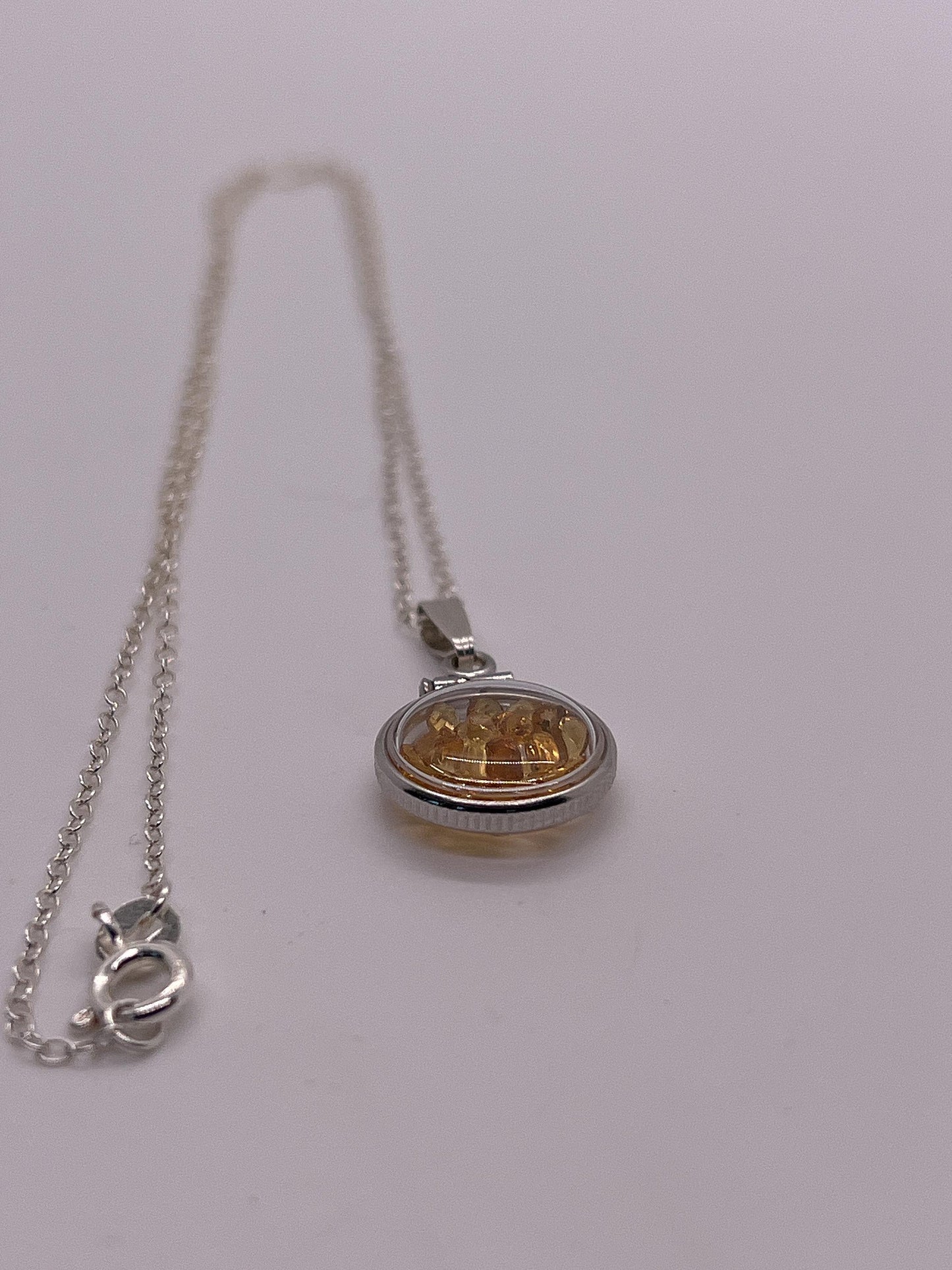 Handmade diminutive sterling silver citrine shaker locket lucite view locket, necklace, beautiful november birthstone. 1.15 tcw