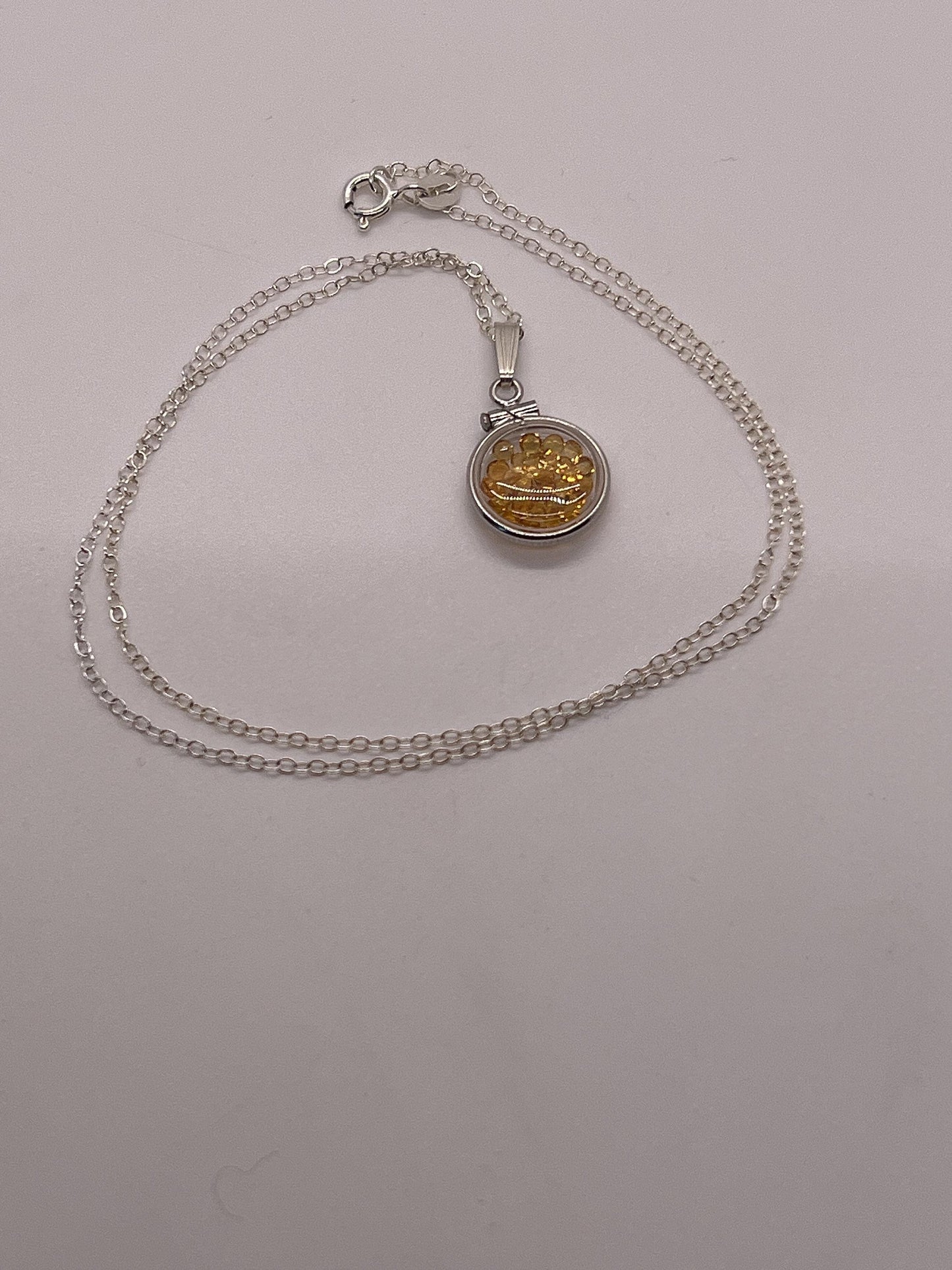 Handmade diminutive sterling silver citrine shaker locket lucite view locket, necklace, beautiful november birthstone. 1.15 tcw
