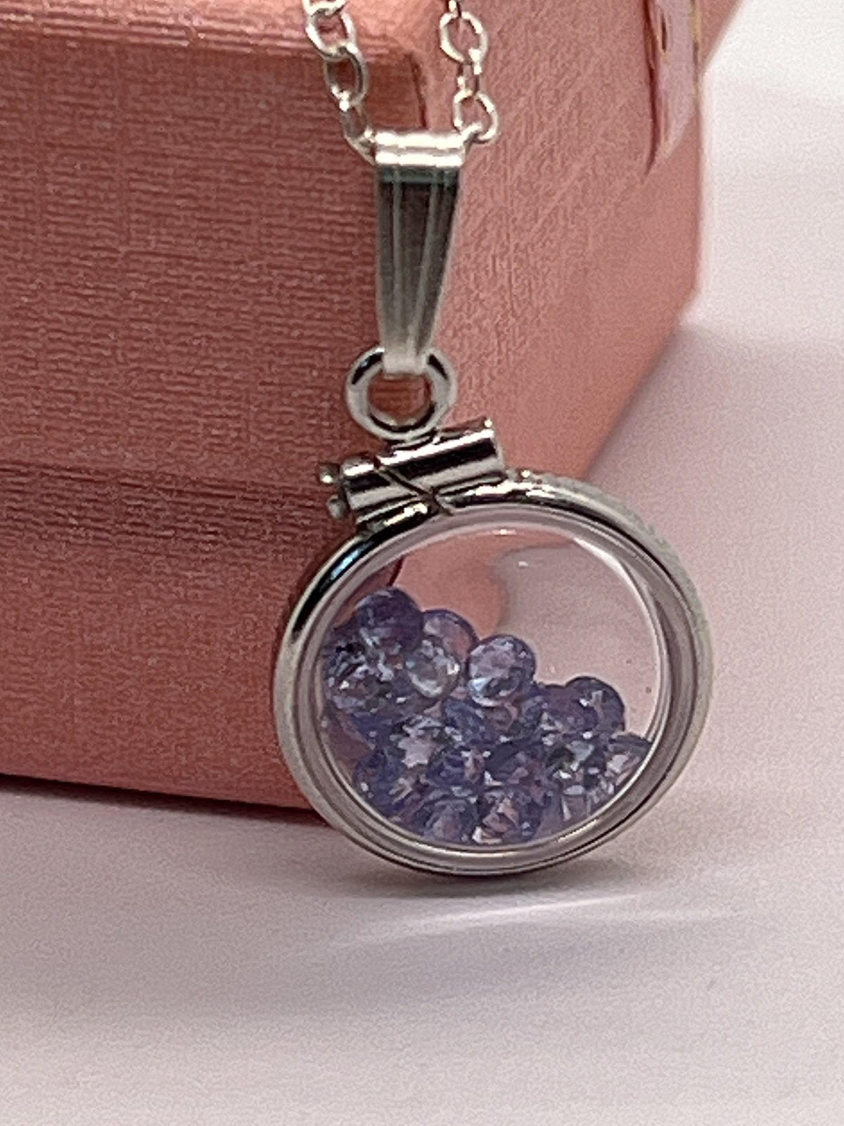 Handmade diminutive sterling silver tanzanite shaker locket lucite view locket, necklace, with beautiful december birthstone, i.6 tcw gems