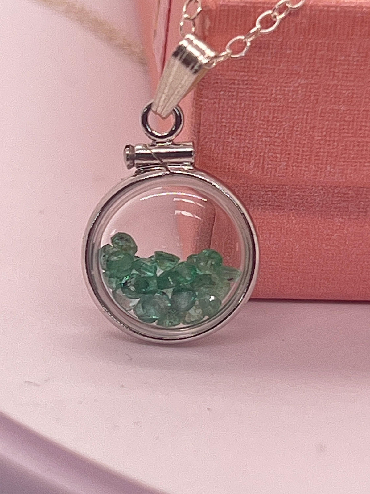 Handmade diminutive sterling silver emerald shaker locket lucite view locket, necklace, beautiful may birthstone. 1.4 tcw