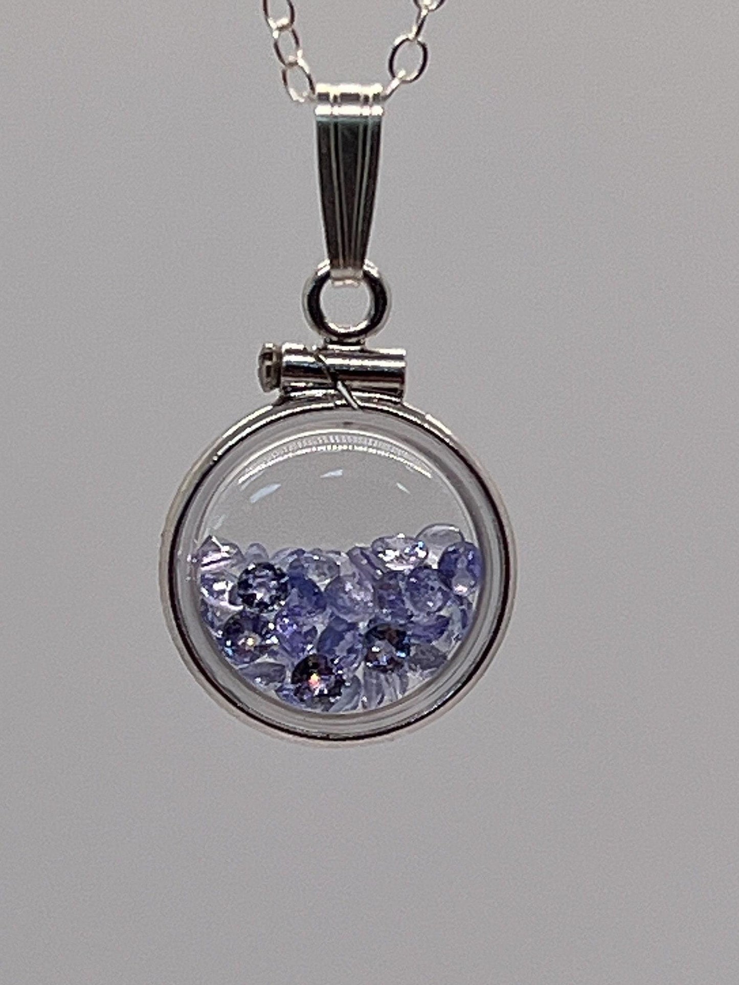 Handmade diminutive sterling silver tanzanite shaker locket lucite view locket, necklace, with beautiful december birthstone, i.6 tcw gems