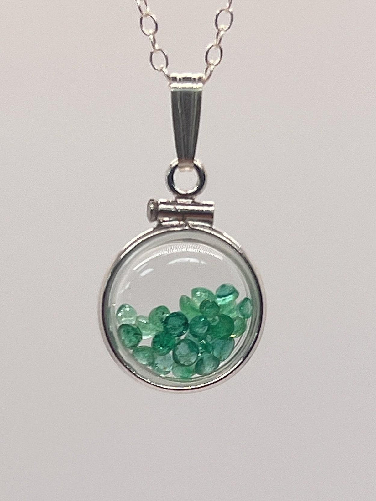 Handmade diminutive sterling silver emerald shaker locket lucite view locket, necklace, beautiful may birthstone. 1.4 tcw