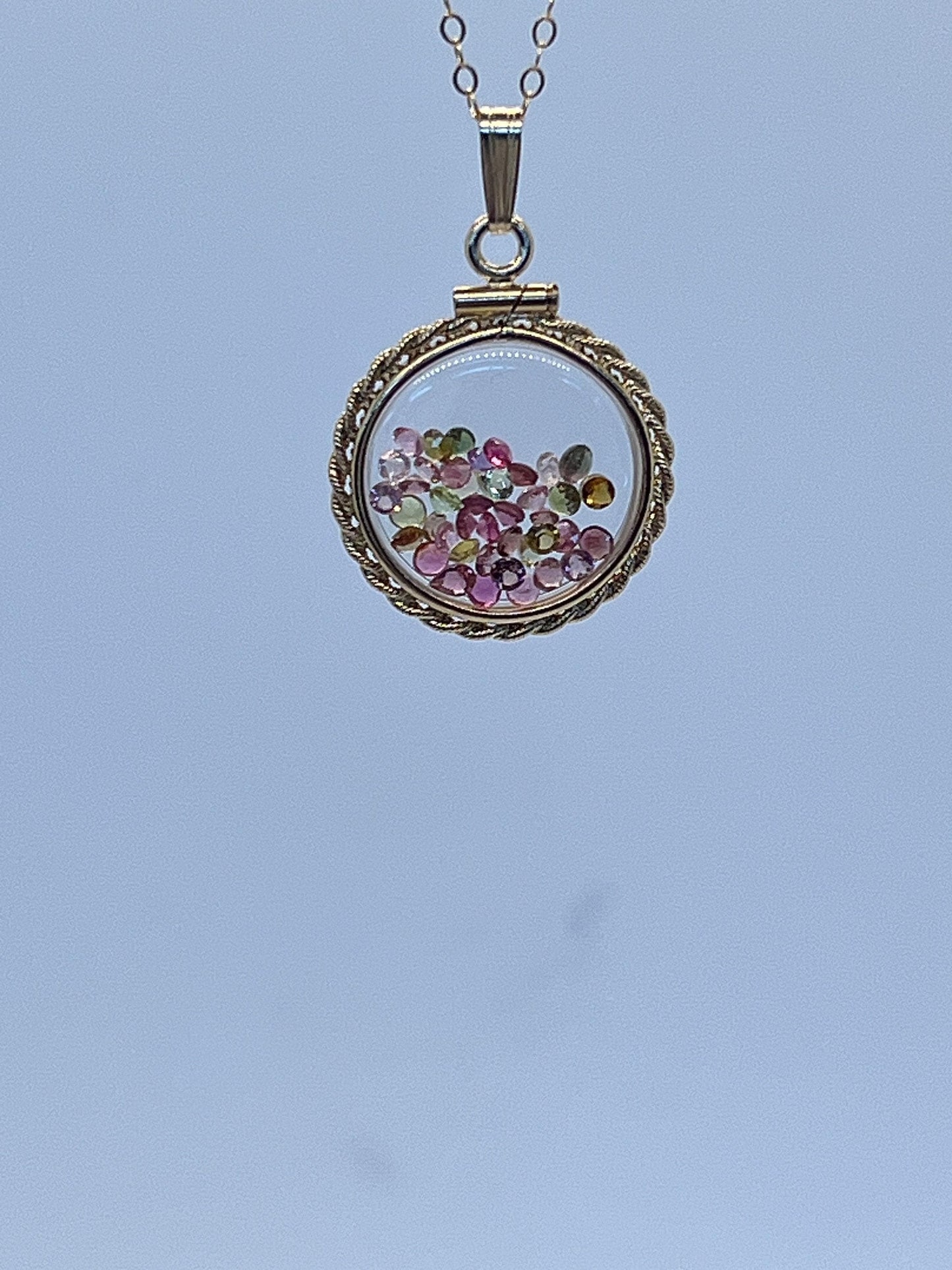 Hand made 21 mm nickel size 14k gold filled lucite tourmaline shaker locket with rope edge, beautiful october birthstone.