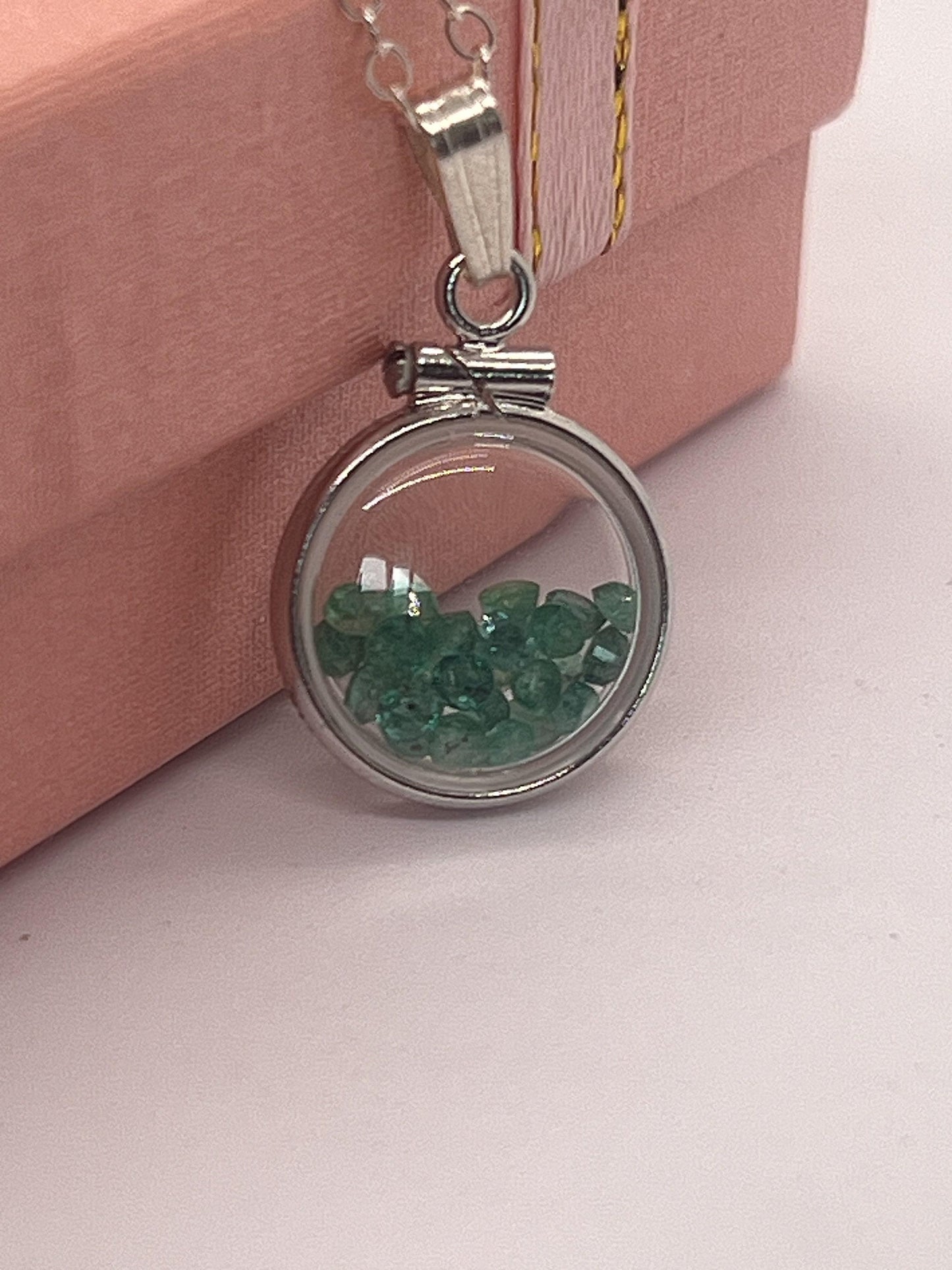 Handmade diminutive sterling silver emerald shaker locket lucite view locket, necklace, beautiful may birthstone. 1.4 tcw