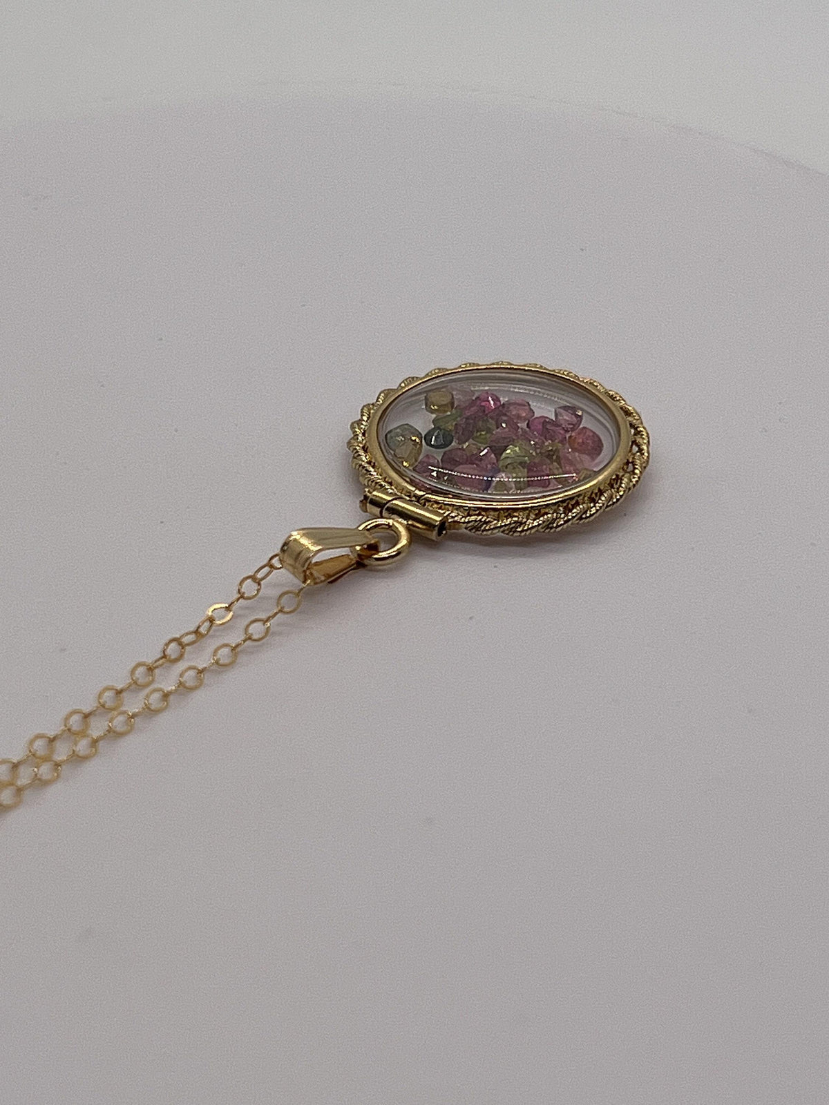 Hand made 21 mm nickel size 14k gold filled lucite tourmaline shaker locket with rope edge, beautiful october birthstone.