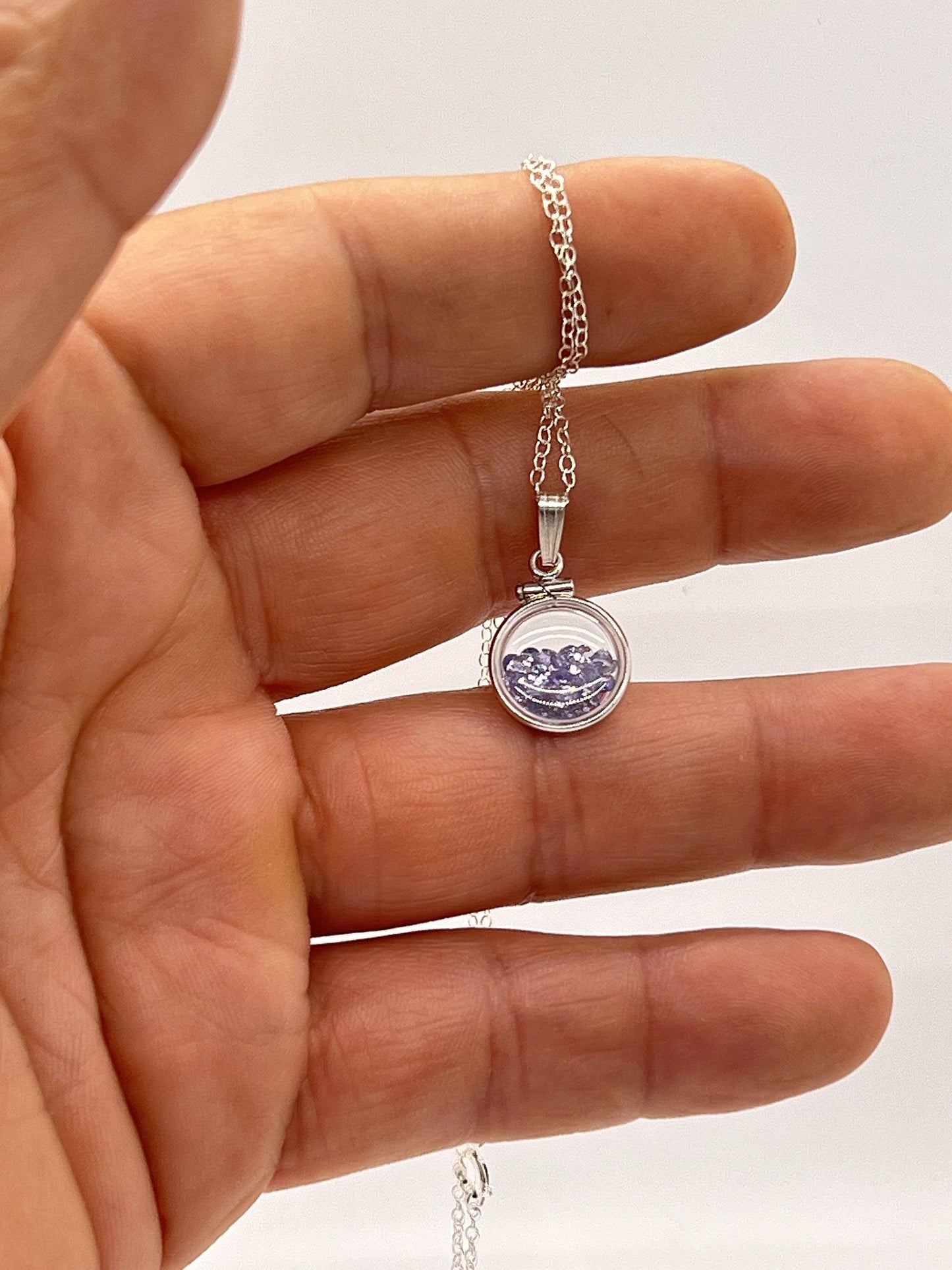Handmade diminutive sterling silver tanzanite shaker locket lucite view locket, necklace, with beautiful december birthstone, i.6 tcw gems