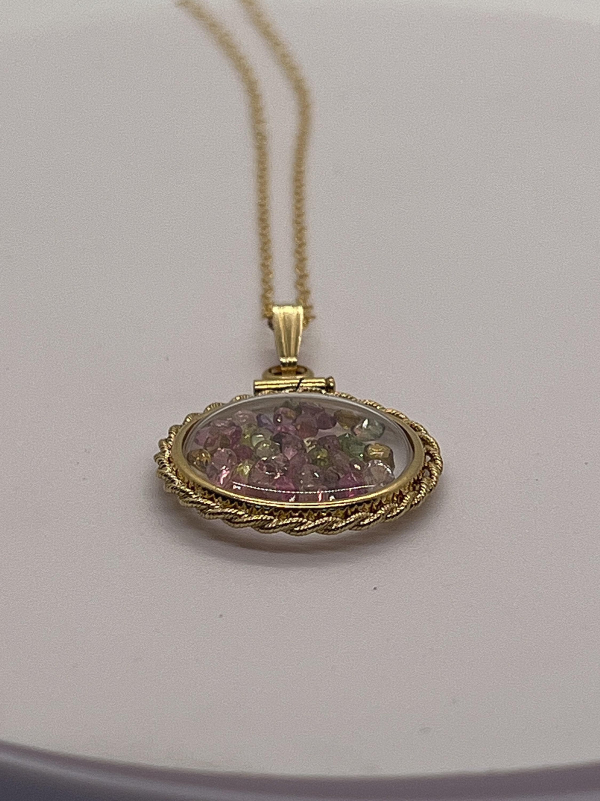 Hand made 21 mm nickel size 14k gold filled lucite tourmaline shaker locket with rope edge, beautiful october birthstone.