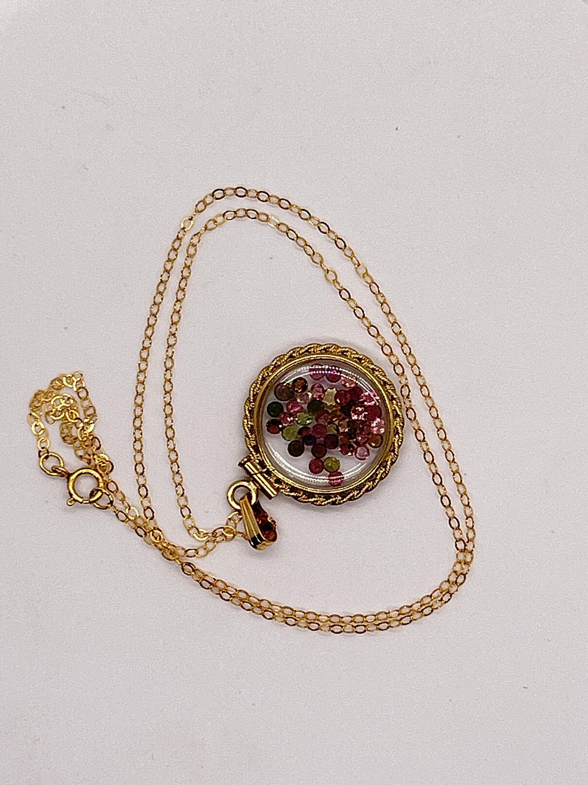 Hand made 21 mm nickel size 14k gold filled lucite tourmaline shaker locket with rope edge, beautiful october birthstone.