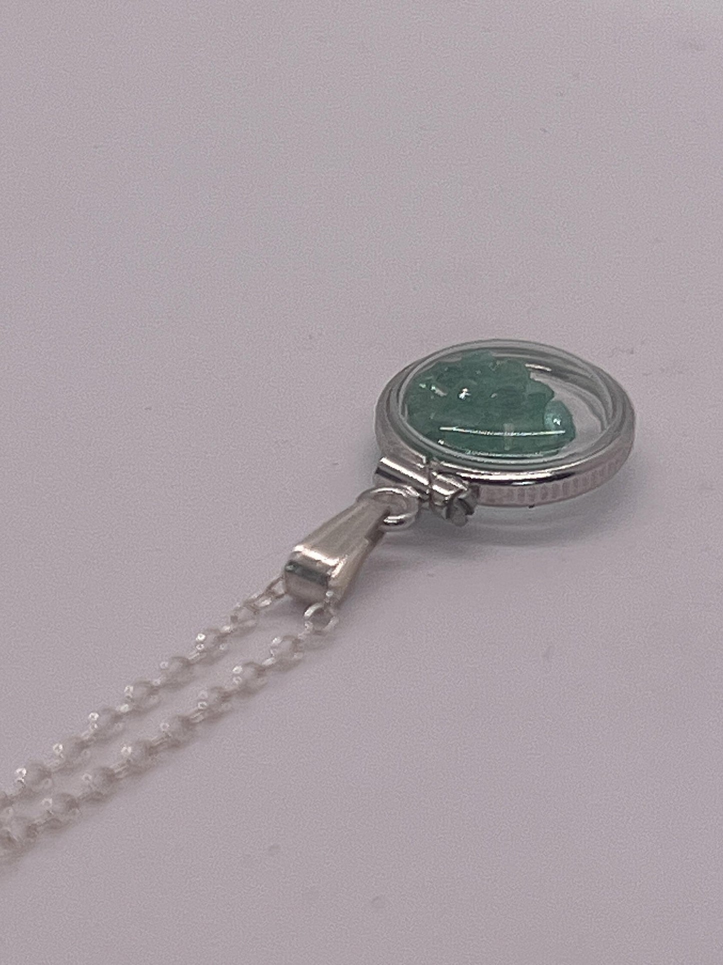 Handmade diminutive sterling silver emerald shaker locket lucite view locket, necklace, beautiful may birthstone. 1.4 tcw