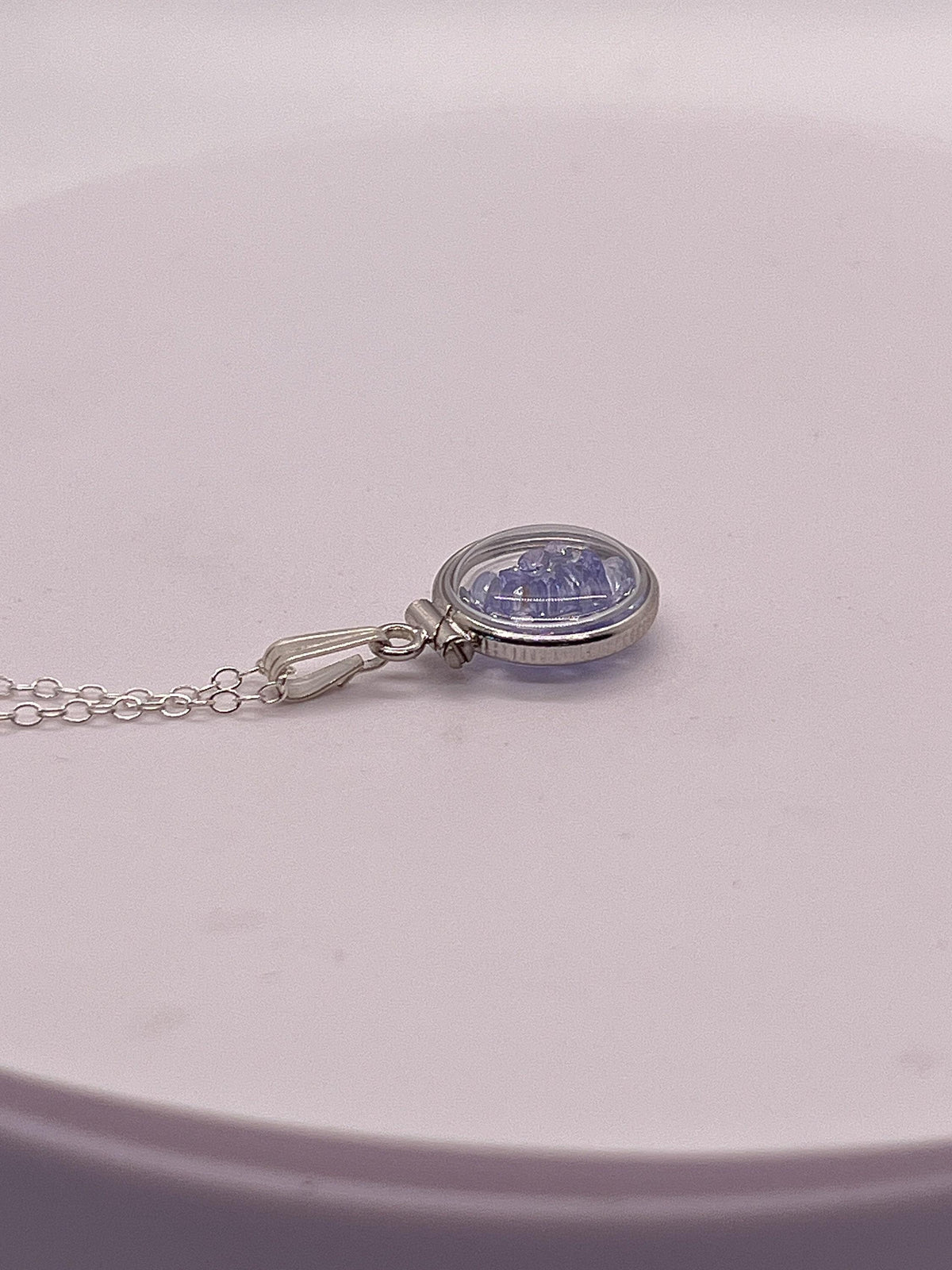 Handmade diminutive sterling silver tanzanite shaker locket lucite view locket, necklace, with beautiful december birthstone, i.6 tcw gems