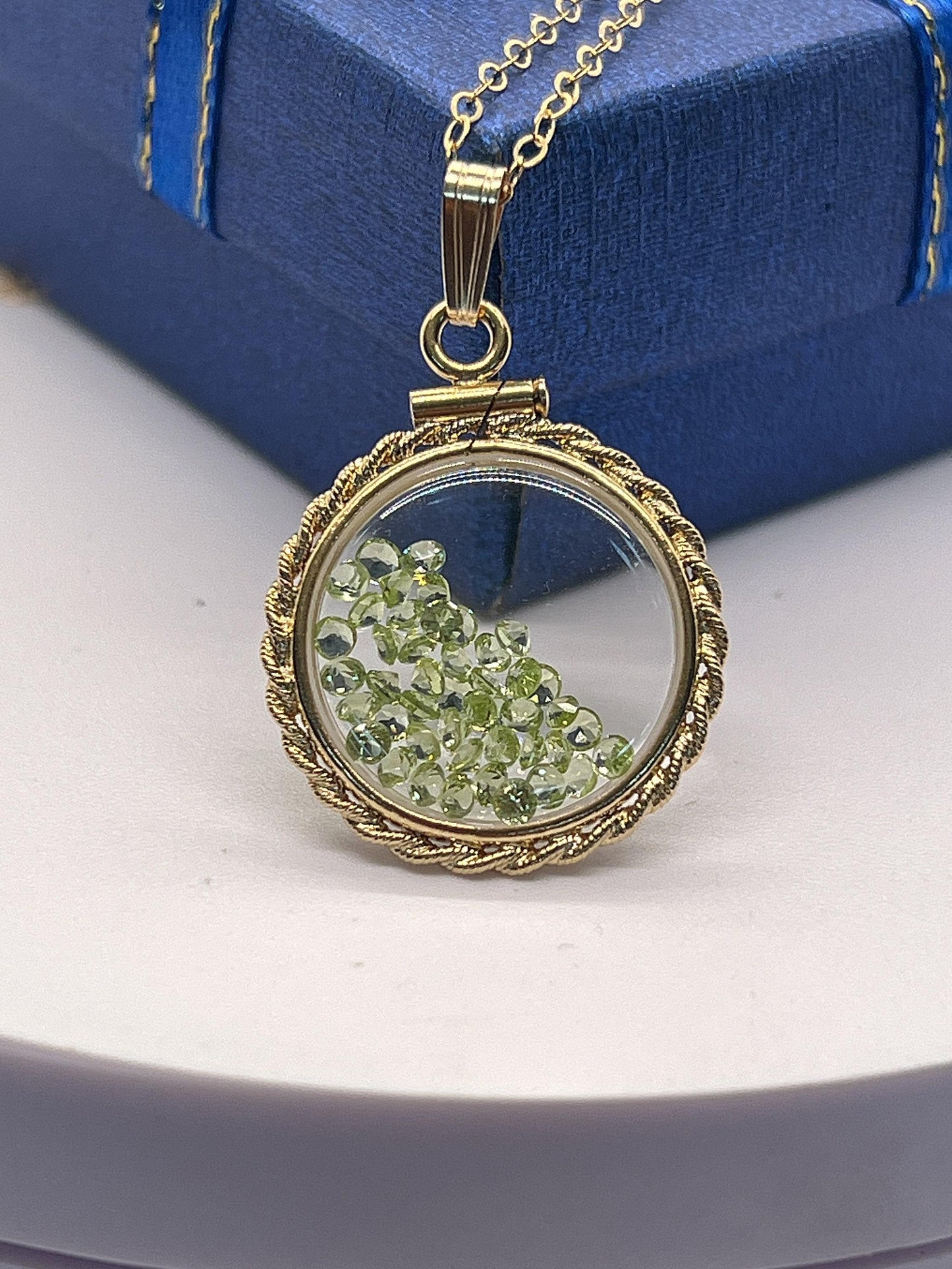 Handmade 21 mm nickel size 14k gold filled peridot shaker locket  with rope edge beautiful august birthstone.