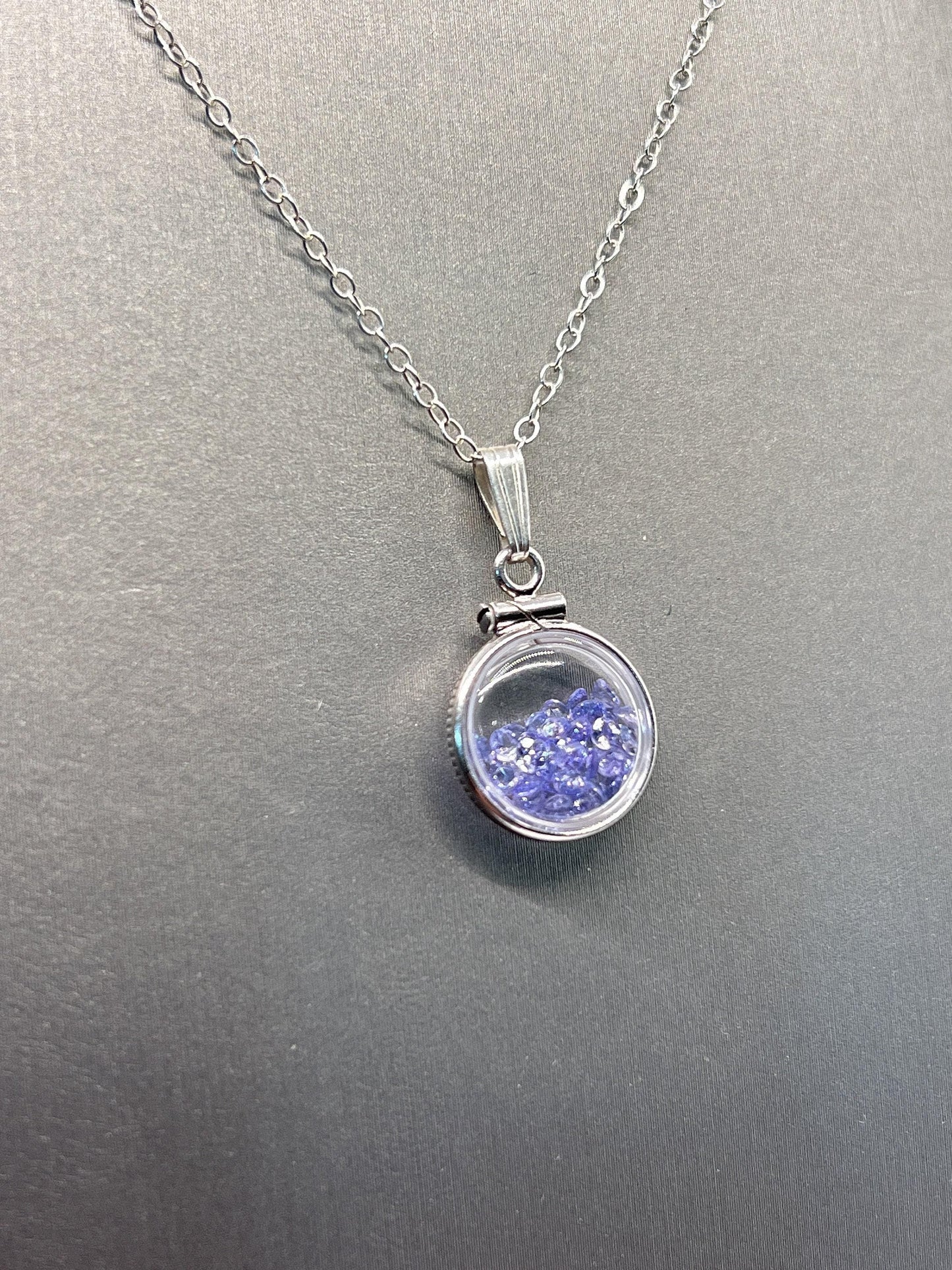 Handmade diminutive sterling silver tanzanite shaker locket lucite view locket, necklace, with beautiful december birthstone, i.6 tcw gems