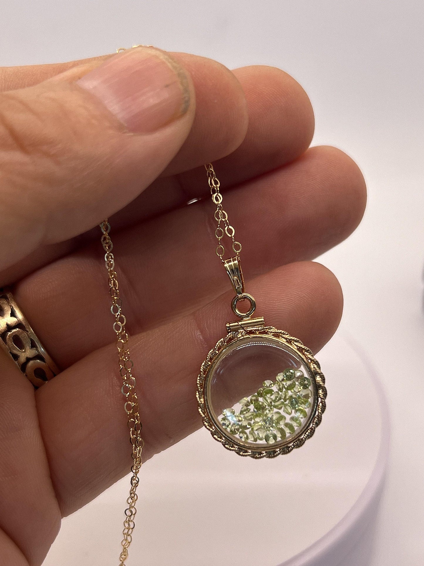 Handmade 21 mm nickel size 14k gold filled peridot shaker locket  with rope edge beautiful august birthstone.