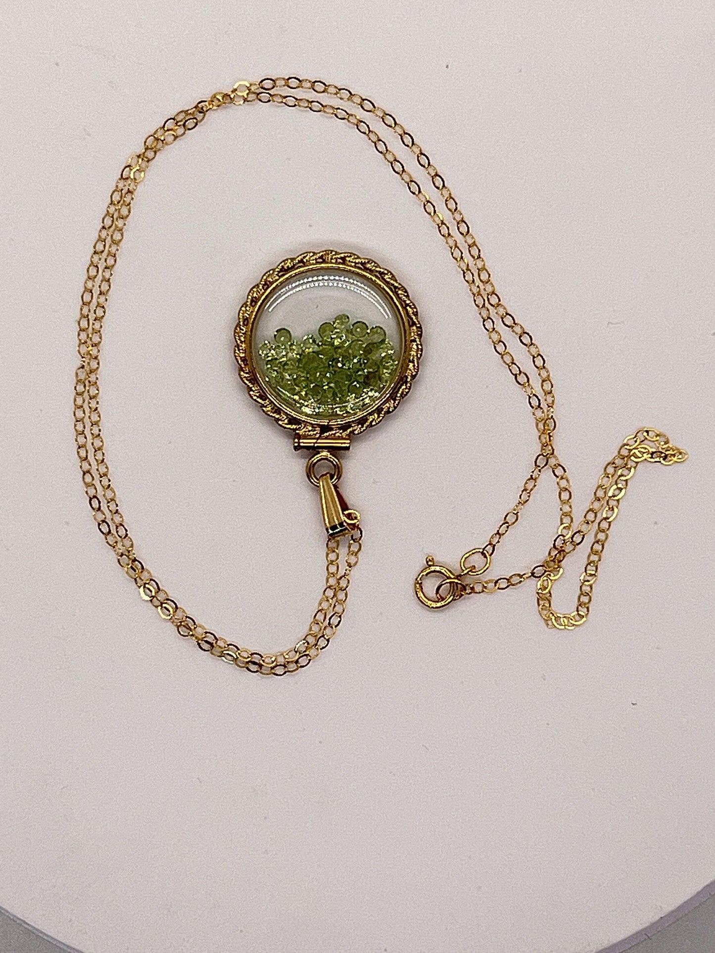 Handmade 21 mm nickel size 14k gold filled peridot shaker locket  with rope edge beautiful august birthstone.