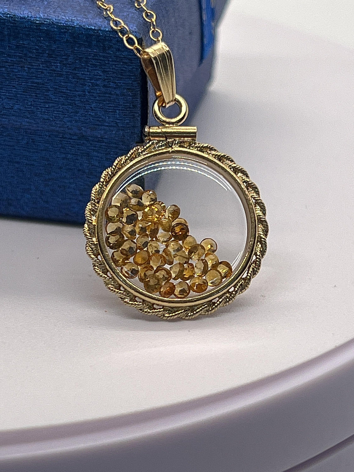Hand made 21 mm nickel size 14k gold filled lucite citrine shaker locket with rope edge, beautiful november birthstone.