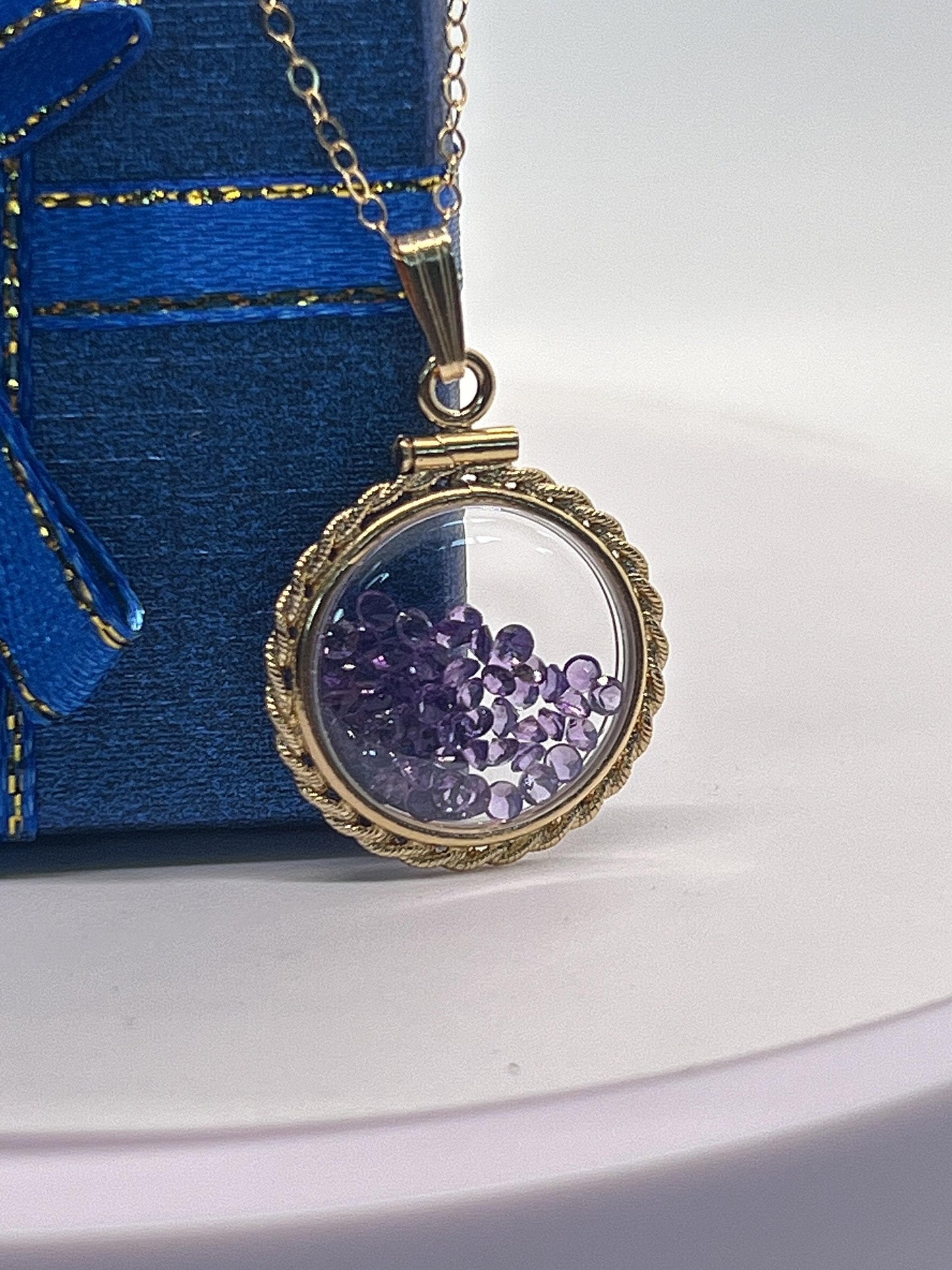 Hand made 21 mm nickel size 14k gold filled lucite amethyst  shaker locket with rope edge, february birthstone.