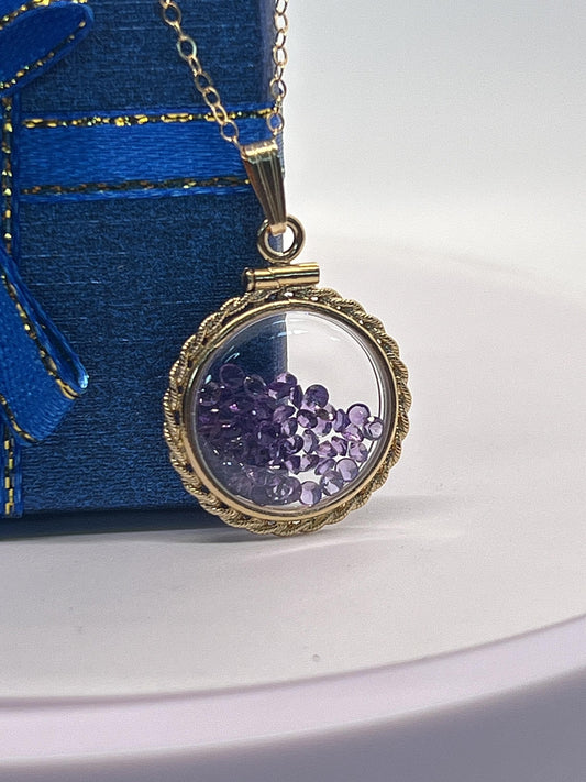 Hand made 21 mm nickel size 14k gold filled lucite amethyst  shaker locket with rope edge, february birthstone.
