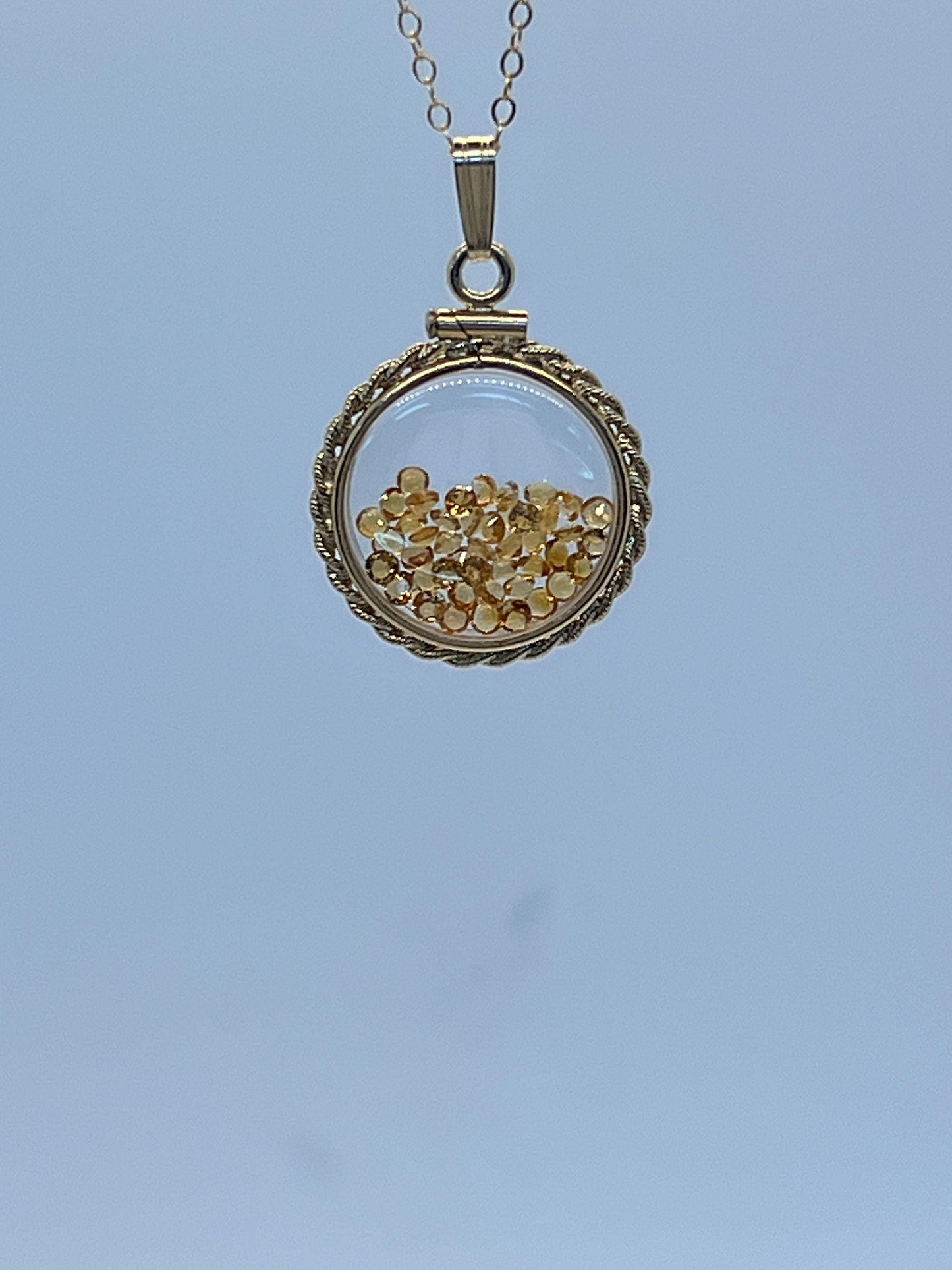 Hand made 21 mm nickel size 14k gold filled lucite citrine shaker locket with rope edge, beautiful november birthstone.
