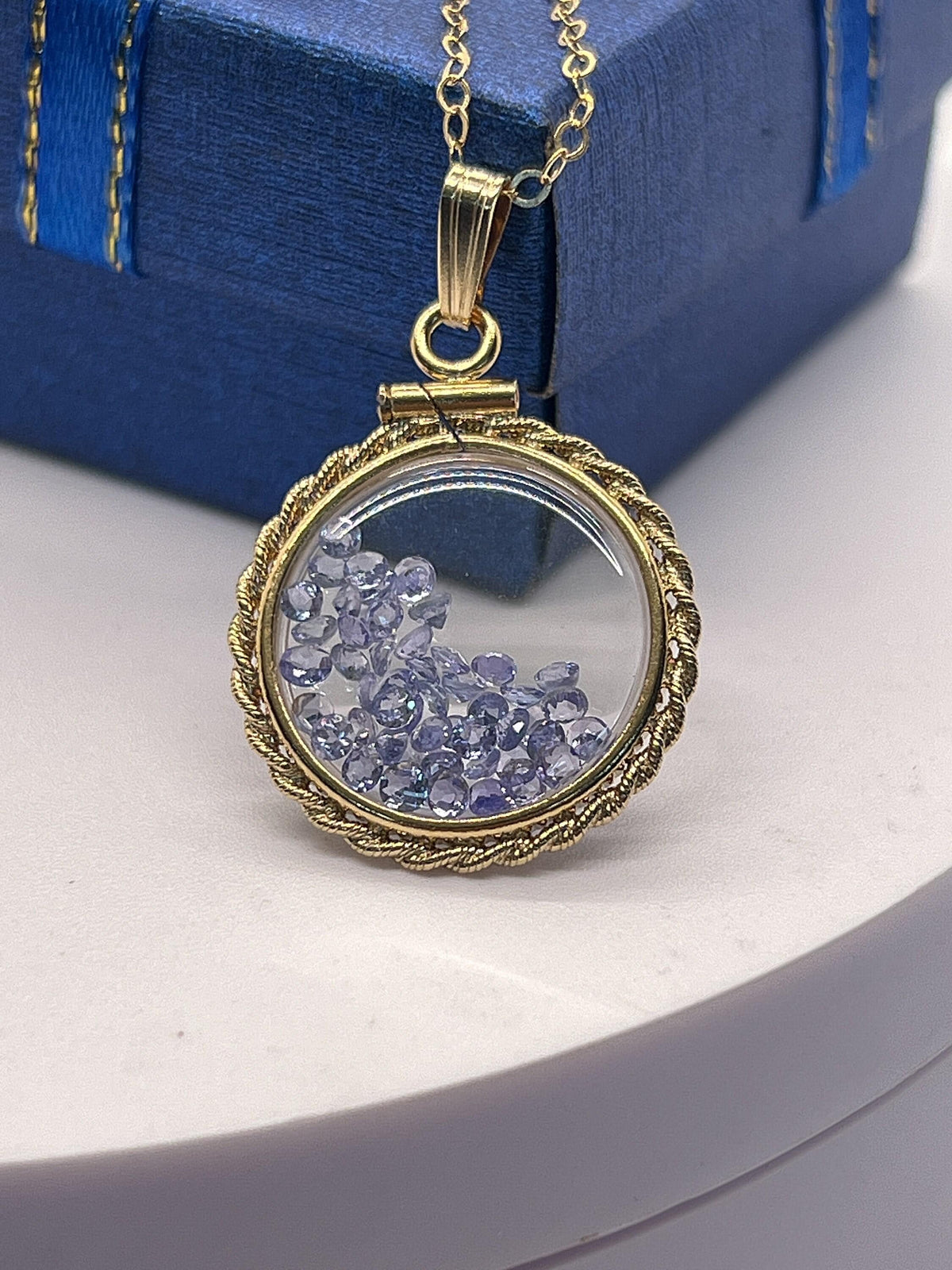 Hand made 21 mm nickel size 14k gold filled lucite tanzanite shaker locket with rope edge december birthstone.