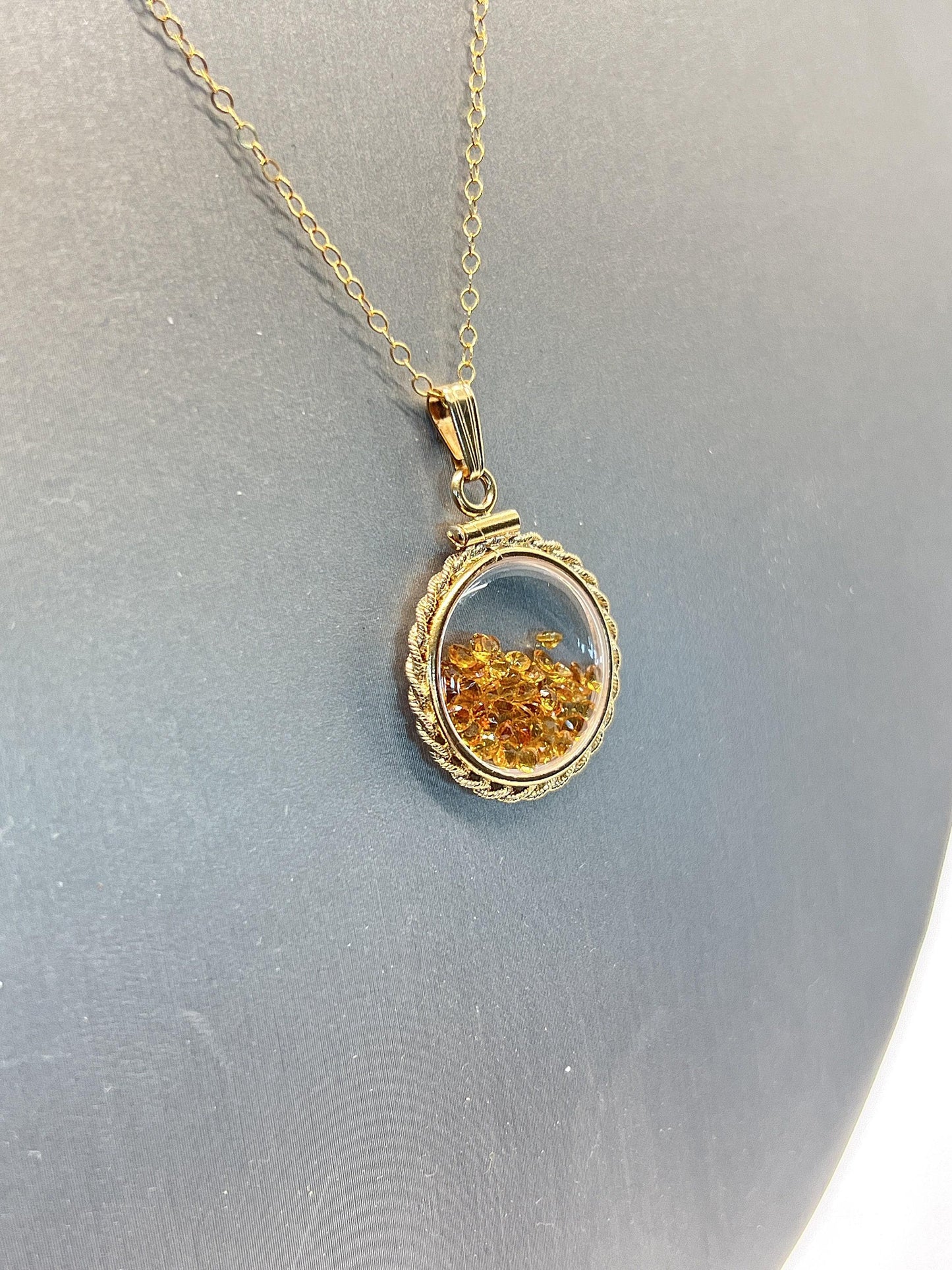Hand made 21 mm nickel size 14k gold filled lucite citrine shaker locket with rope edge, beautiful november birthstone.