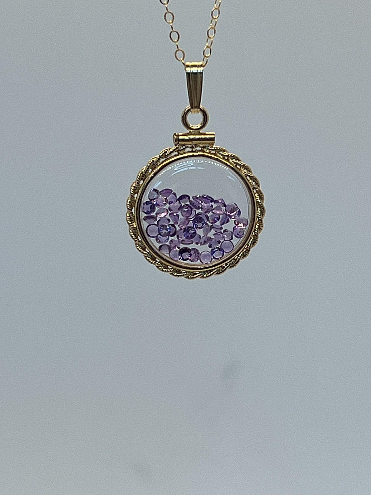 Hand made 21 mm nickel size 14k gold filled lucite amethyst  shaker locket with rope edge, february birthstone.