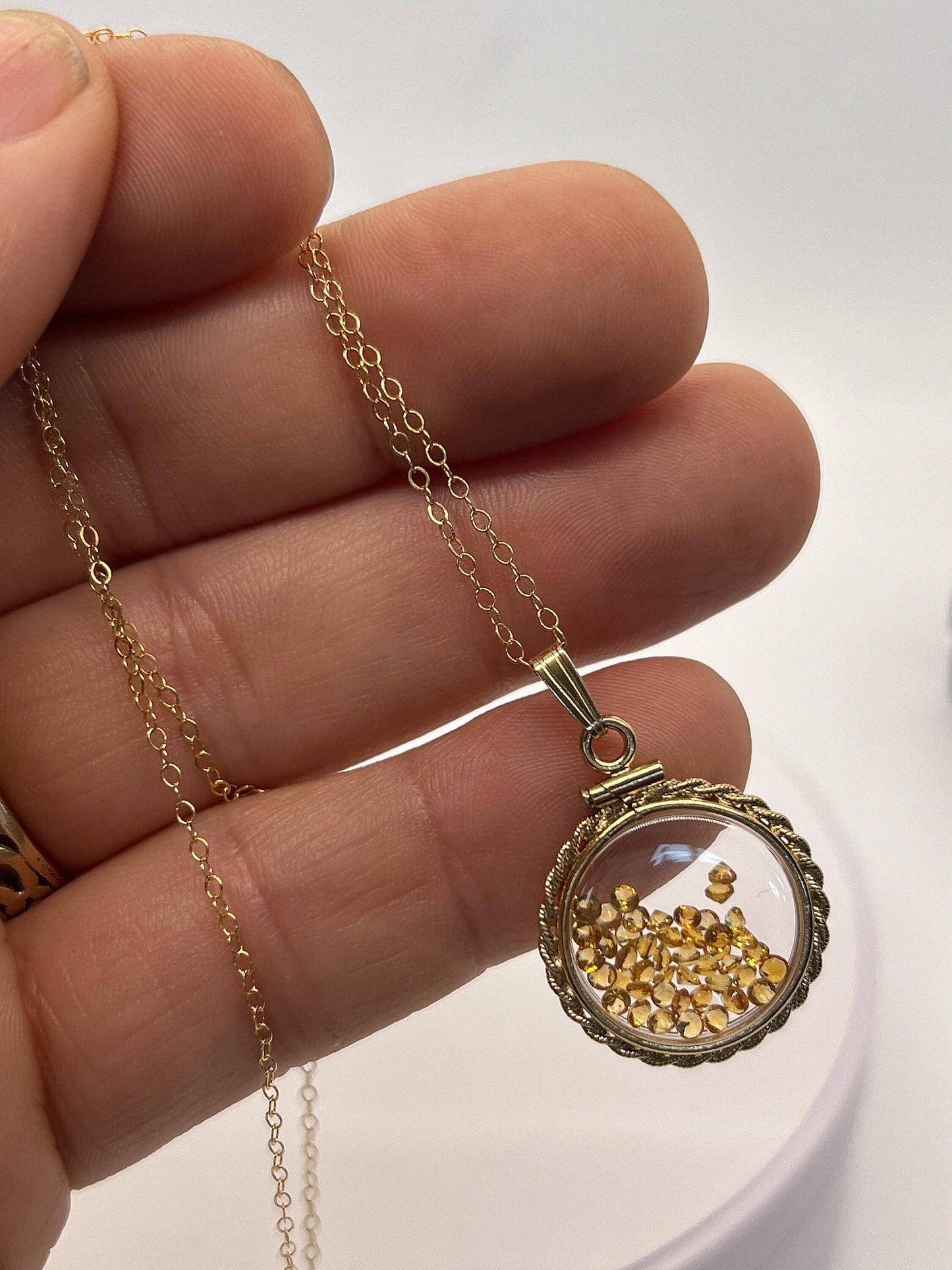 Hand made 21 mm nickel size 14k gold filled lucite citrine shaker locket with rope edge, beautiful november birthstone.