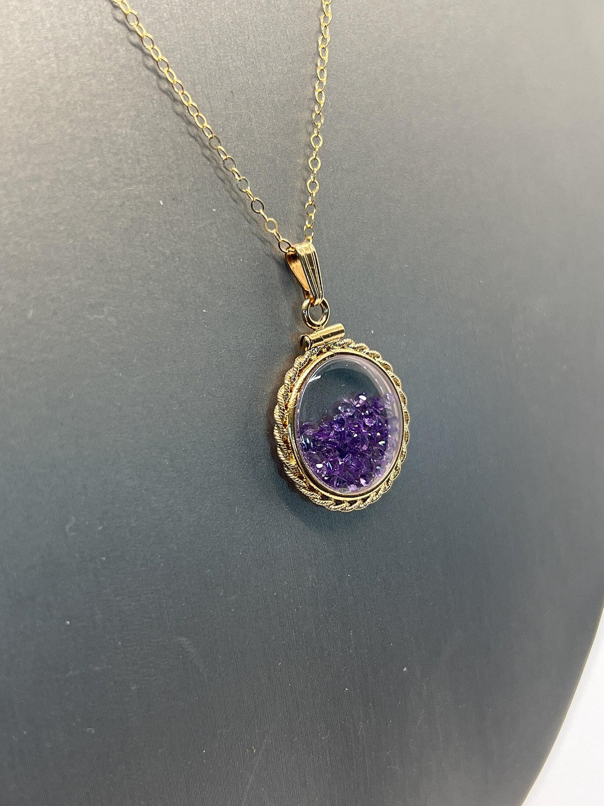 Hand made 21 mm nickel size 14k gold filled lucite amethyst  shaker locket with rope edge, february birthstone.