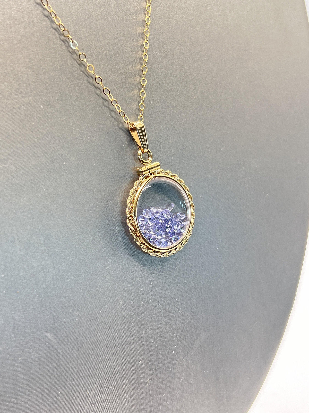Hand made 21 mm nickel size 14k gold filled lucite tanzanite shaker locket with rope edge december birthstone.