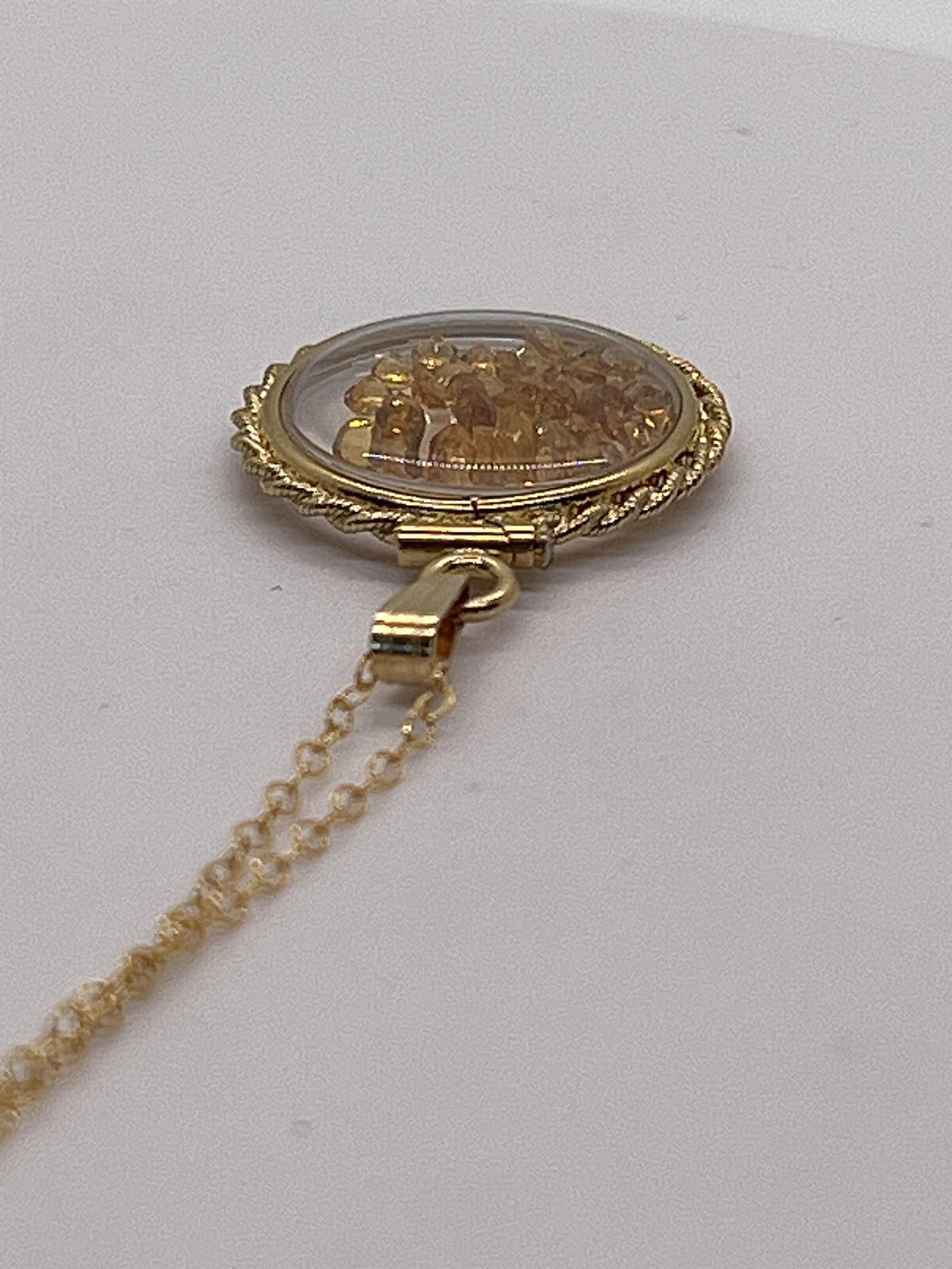 Hand made 21 mm nickel size 14k gold filled lucite citrine shaker locket with rope edge, beautiful november birthstone.