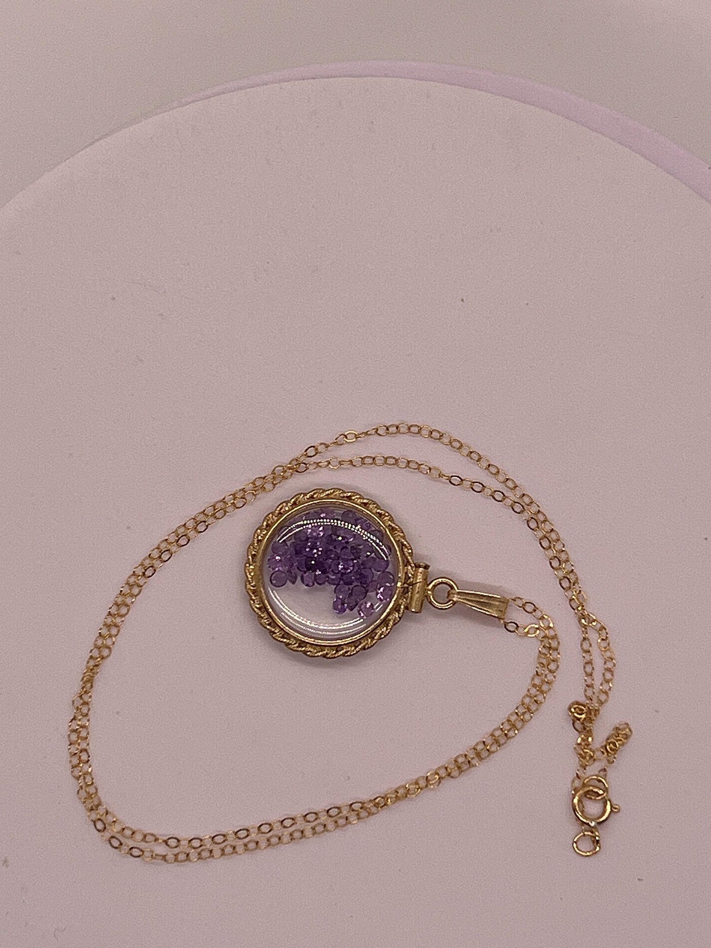 Hand made 21 mm nickel size 14k gold filled lucite amethyst  shaker locket with rope edge, february birthstone.