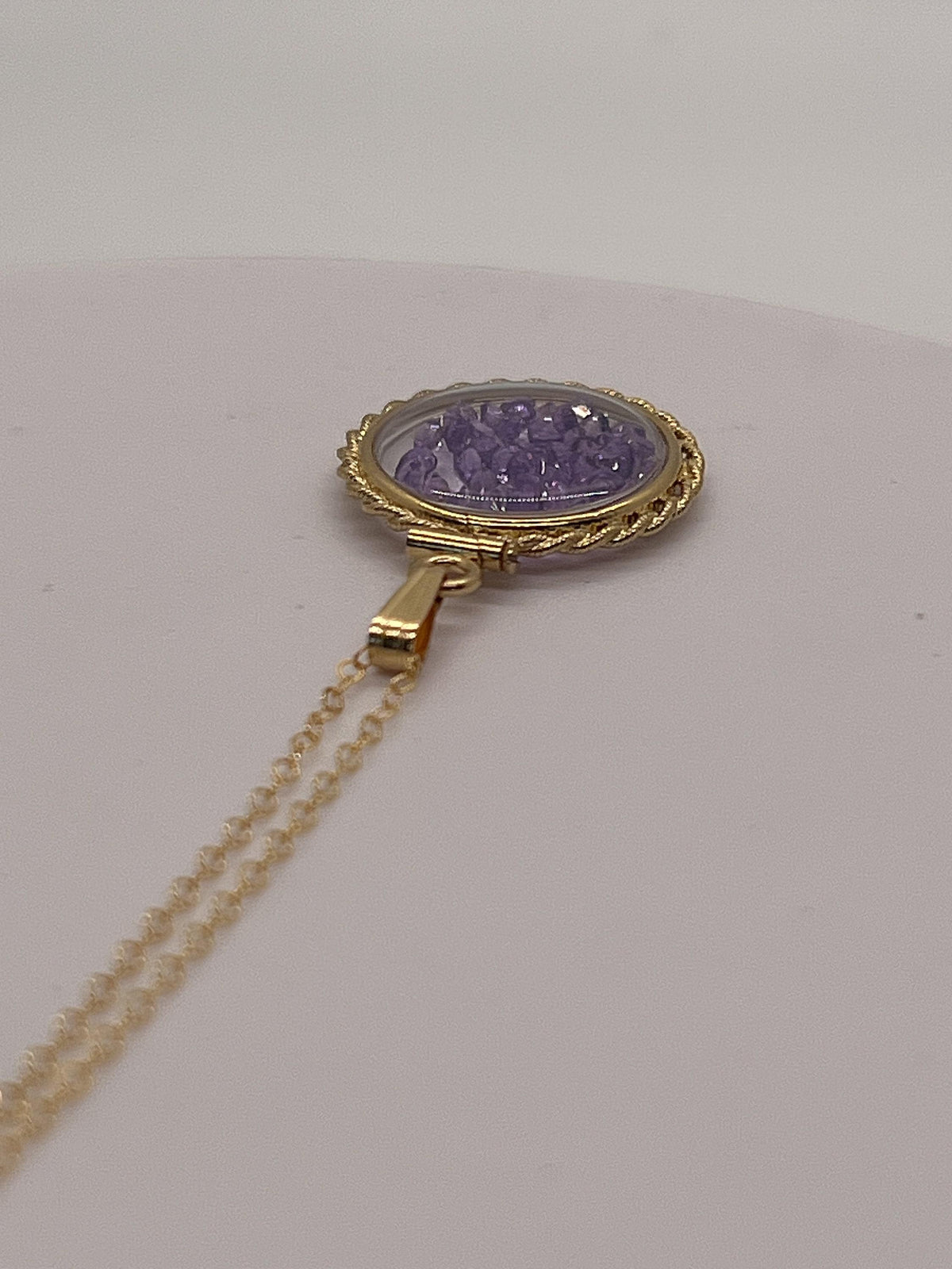 Hand made 21 mm nickel size 14k gold filled lucite amethyst  shaker locket with rope edge, february birthstone.
