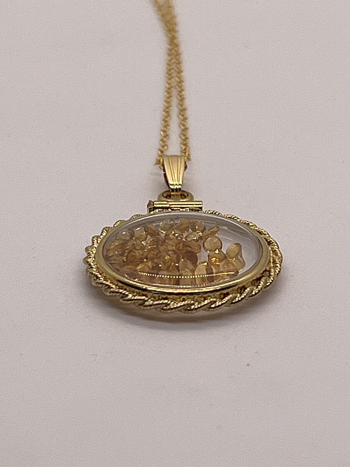 Hand made 21 mm nickel size 14k gold filled lucite citrine shaker locket with rope edge, beautiful november birthstone.