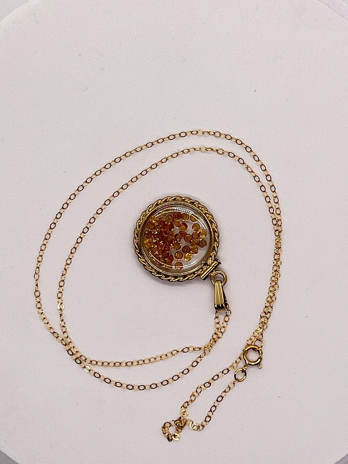Hand made 21 mm nickel size 14k gold filled lucite citrine shaker locket with rope edge, beautiful november birthstone.