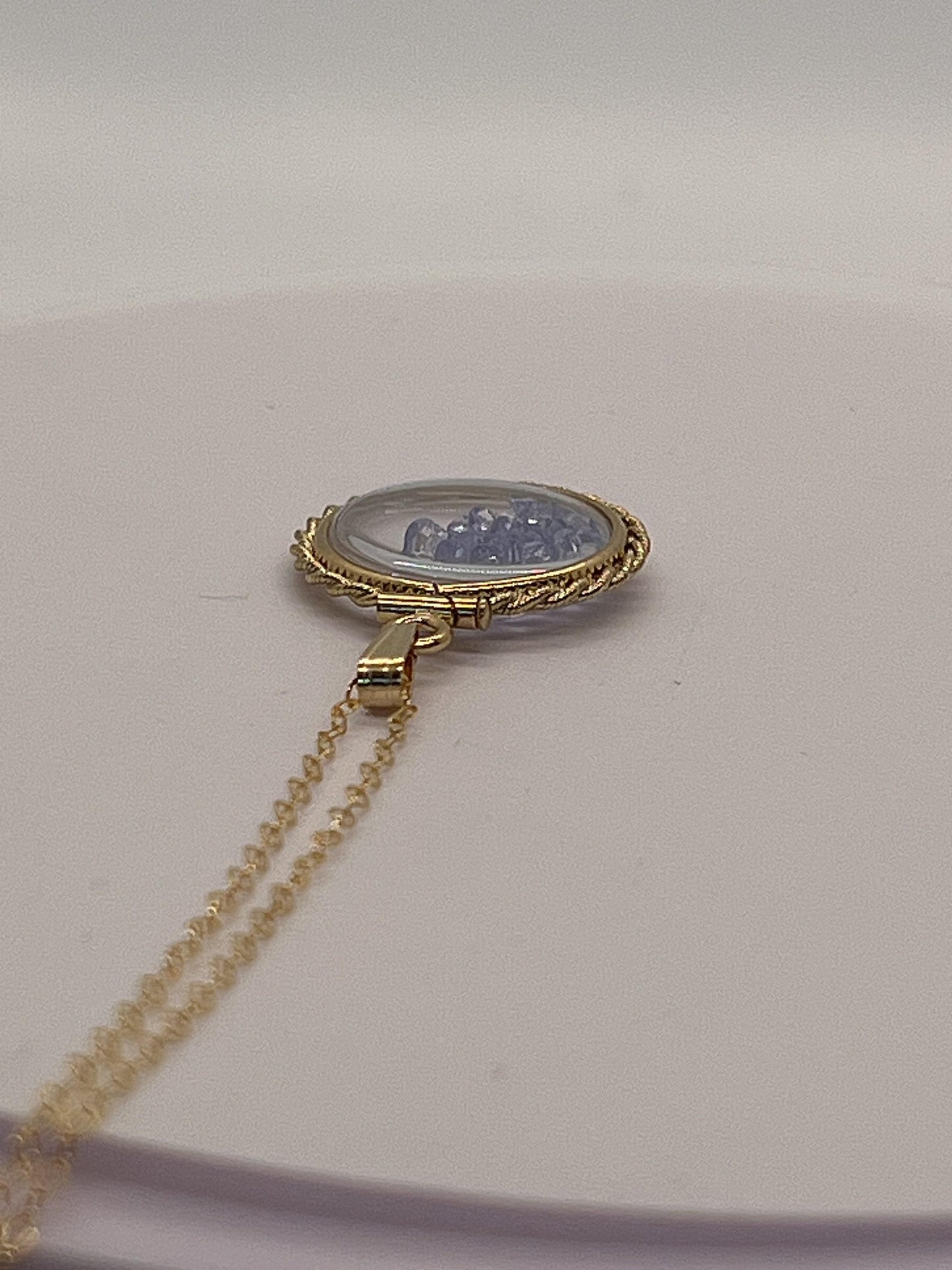 Hand made 21 mm nickel size 14k gold filled lucite tanzanite shaker locket with rope edge december birthstone.