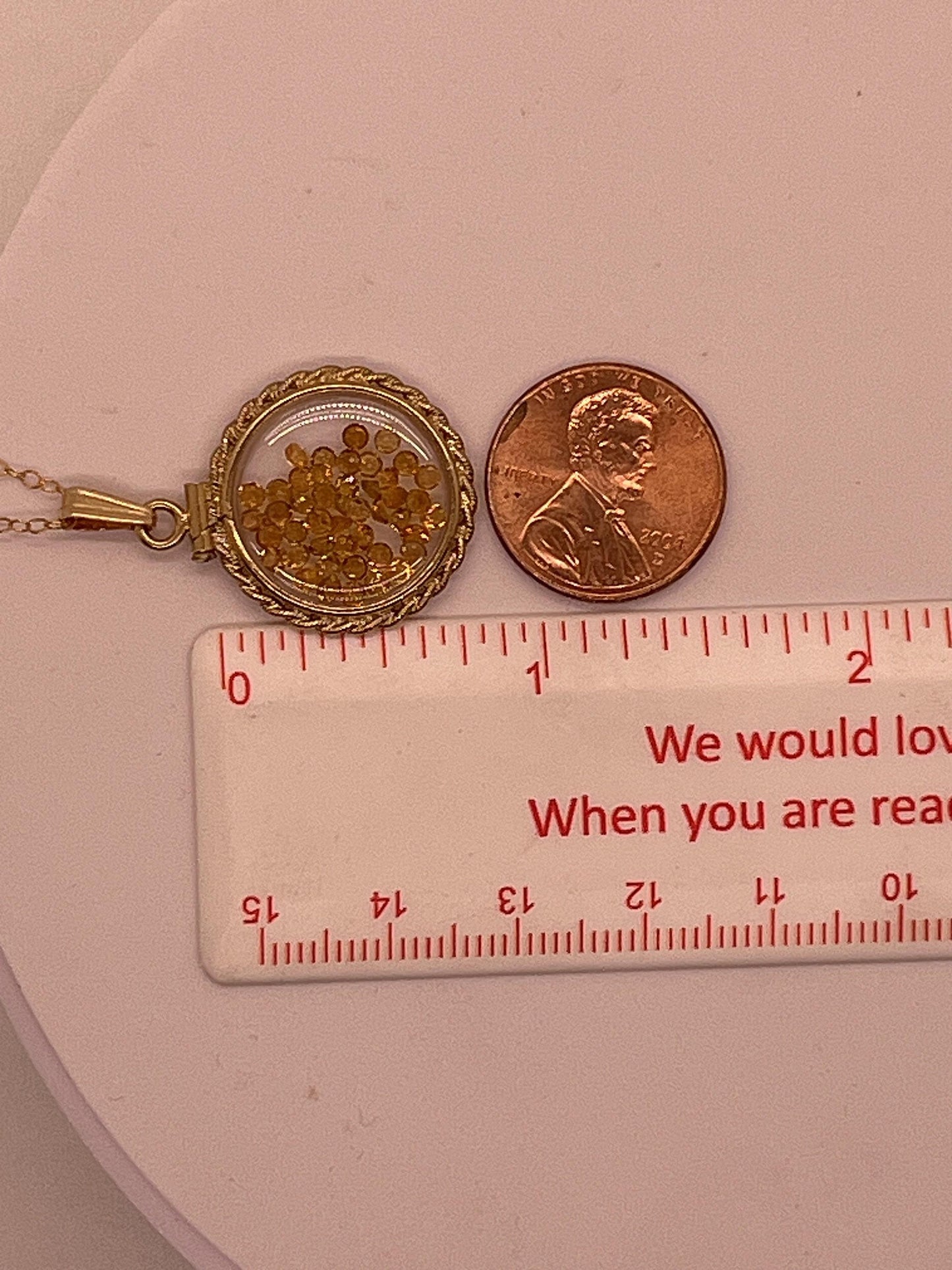 Hand made 21 mm nickel size 14k gold filled lucite citrine shaker locket with rope edge, beautiful november birthstone.