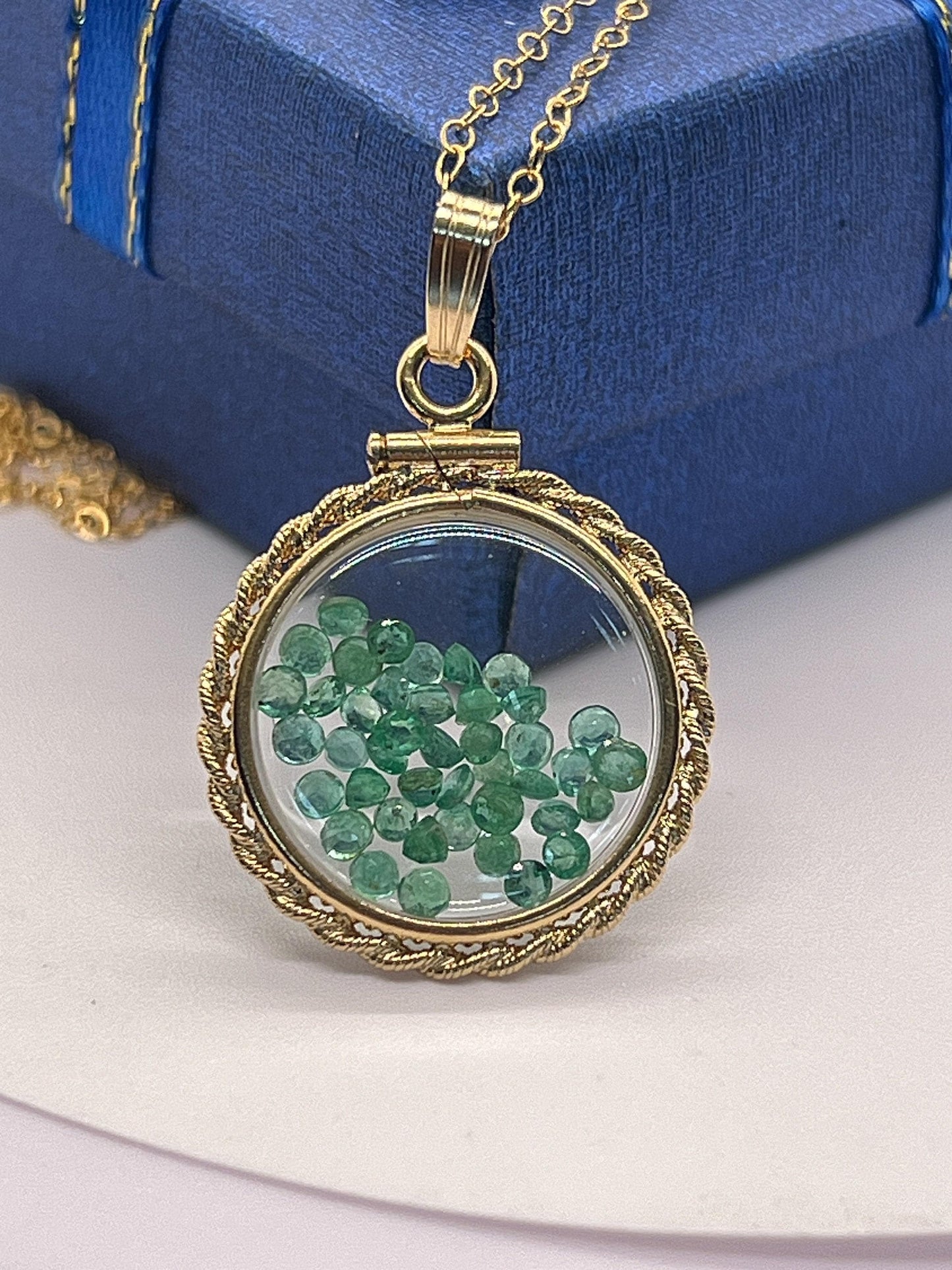 Hand made 21 mm nickel size 14k gold filled lucite emerald shaker locket with rope edge,necklace, beautiful may birthstone.