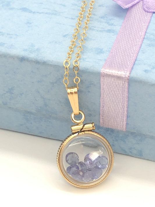 Diminutive  tanzanite shaker locket 14k gf or silver  with beautiful december birthstone, .9tcw round cut gems