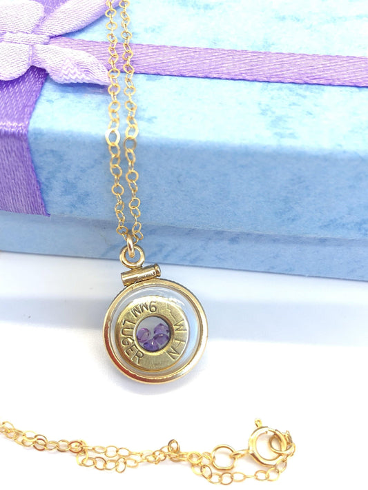 Handmade 14k gold filled 9mm bullet shaker locket, finished with 4 genuine amethyst cut gems, february birthstone