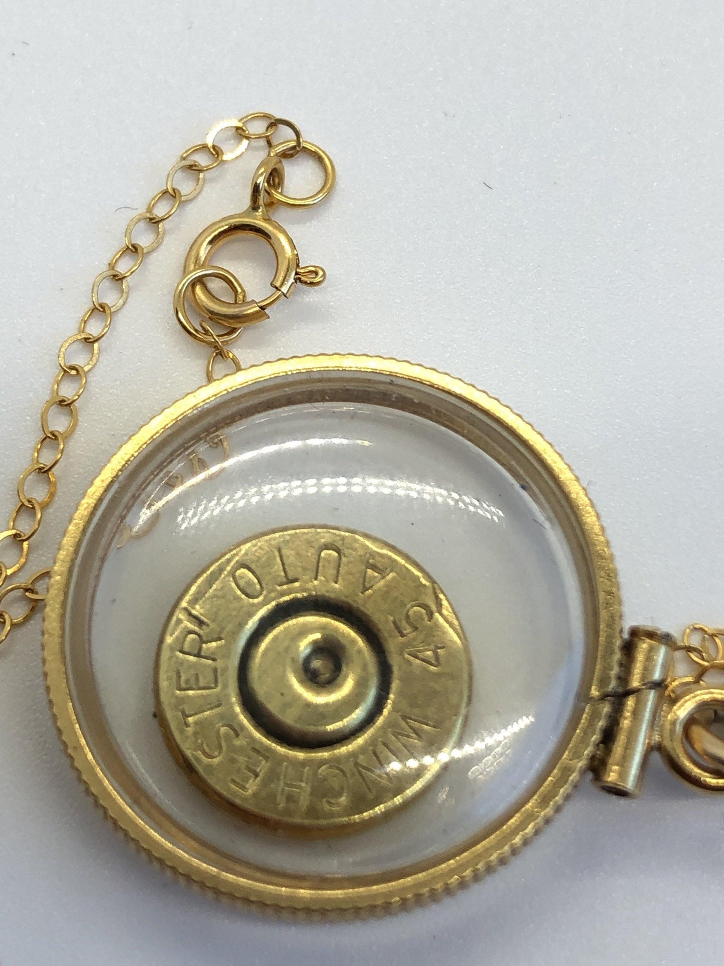 Winchester 45 cal. bullet necklace,  back to back view locket, 14k gold filled locket, february birthstone