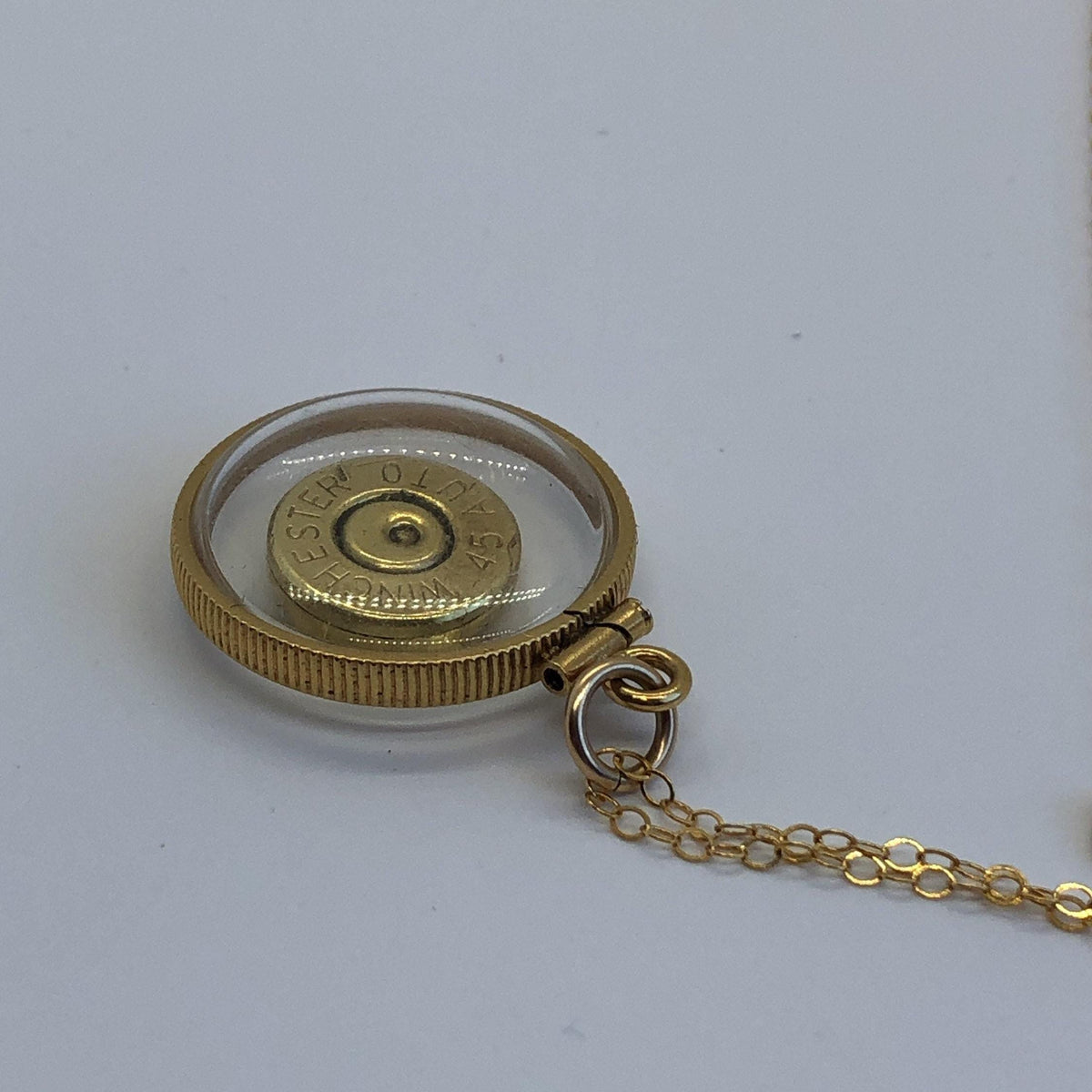 Winchester 45 cal. bullet necklace,  back to back view locket, 14k gold filled locket, february birthstone