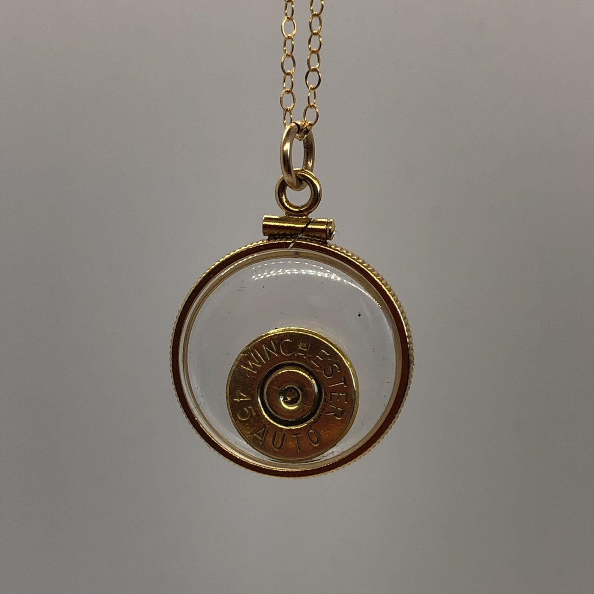 Winchester 45 cal. bullet necklace,  back to back view locket, 14k gold filled locket, february birthstone