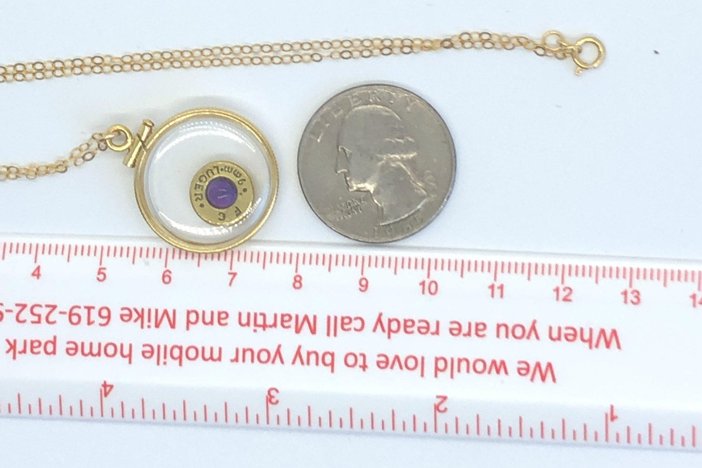 Handmade 14k gold filled 9 mm bullet view  locket, finished with a 0.4 ct, 4mm genuine amethyst gemstone, february birthday