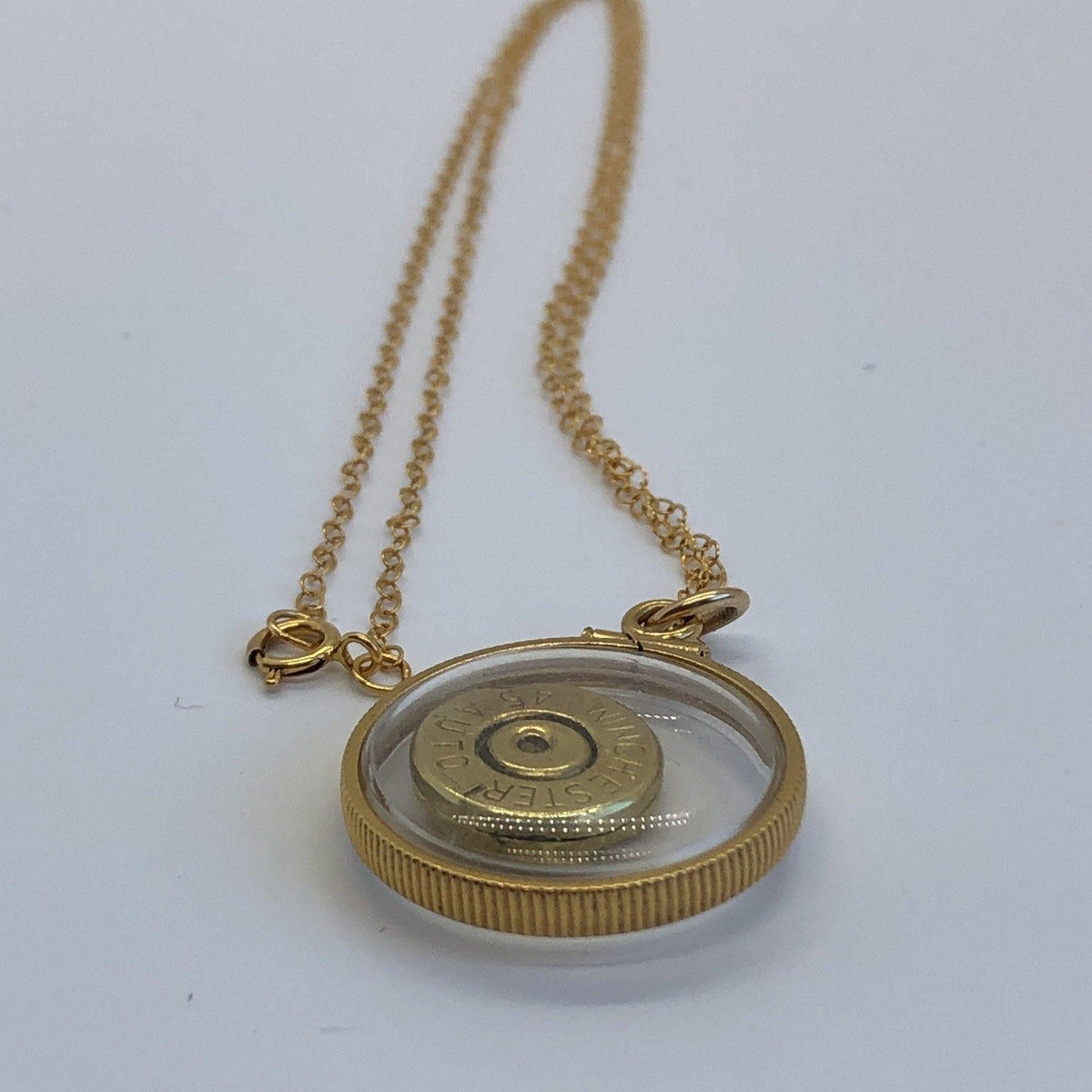 Winchester 45 cal. bullet necklace,  back to back view locket, 14k gold filled locket, february birthstone