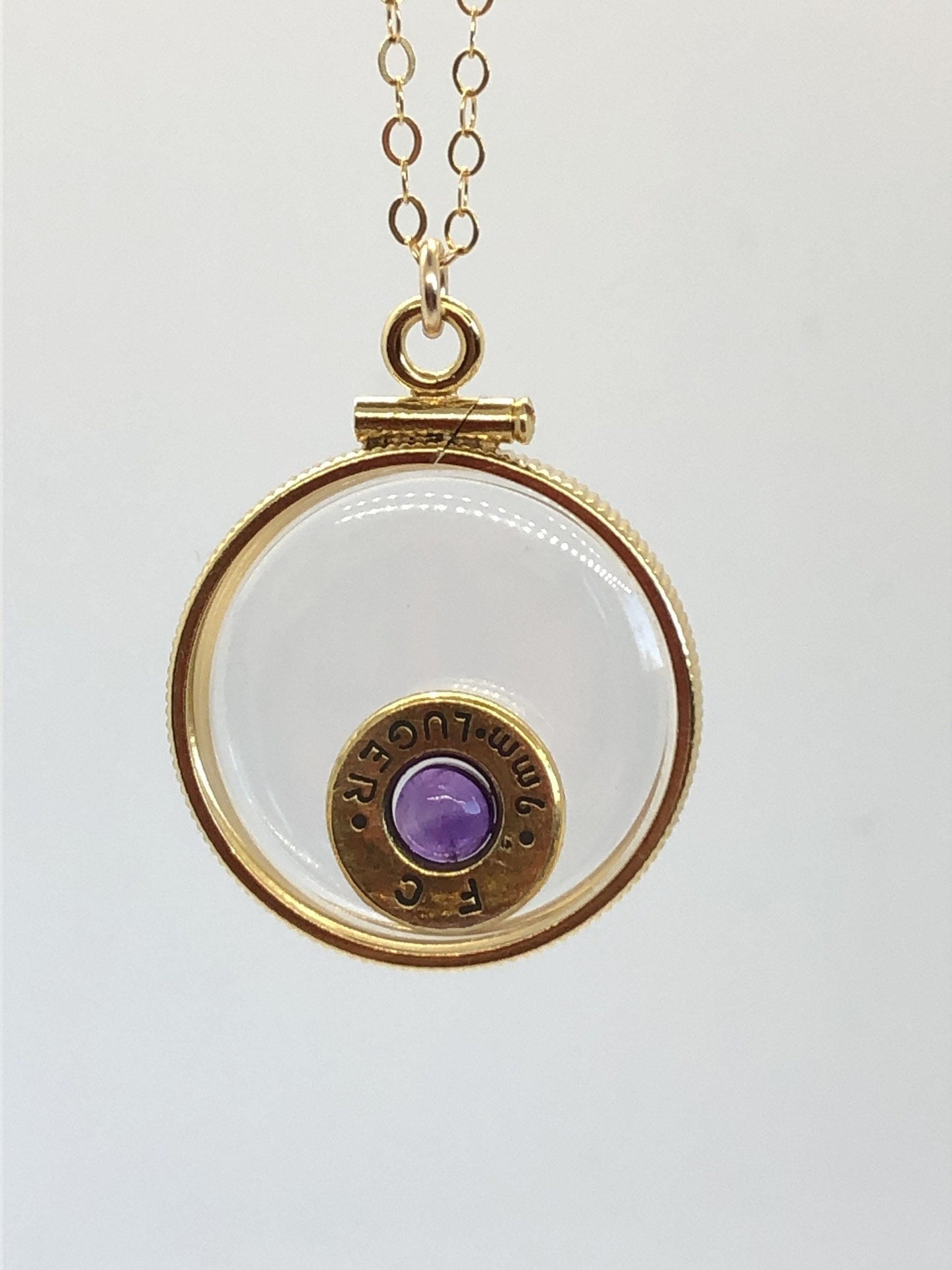 Handmade 14k gold filled 9 mm bullet view  locket, finished with a 0.4 ct, 4mm genuine amethyst gemstone, february birthday