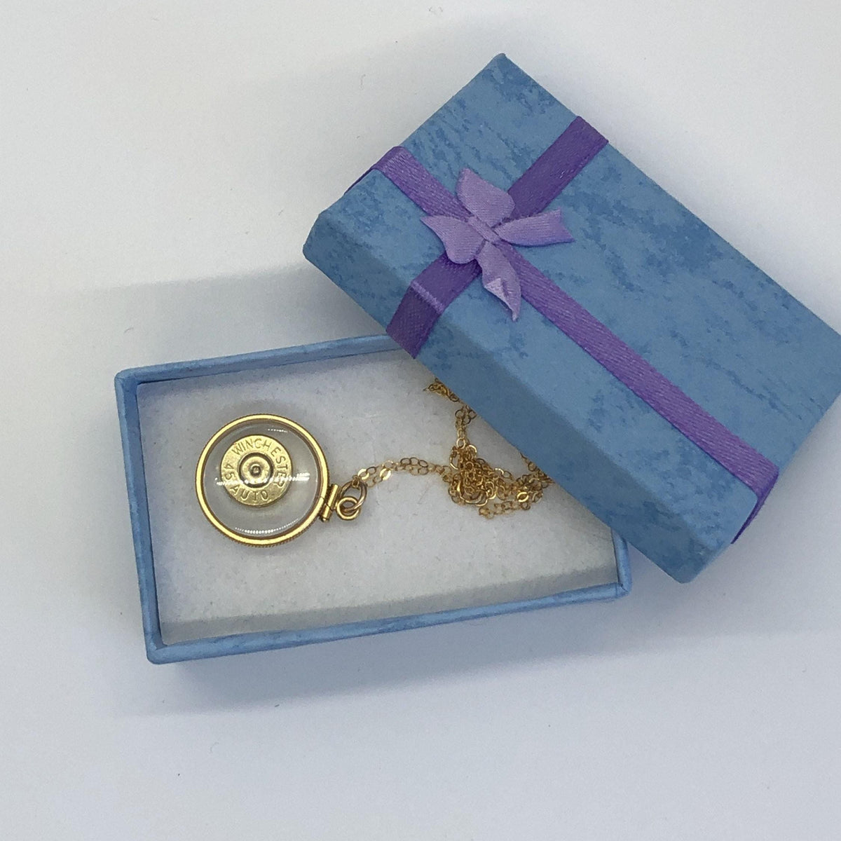 Winchester 45 cal. bullet necklace,  back to back view locket, 14k gold filled locket, february birthstone