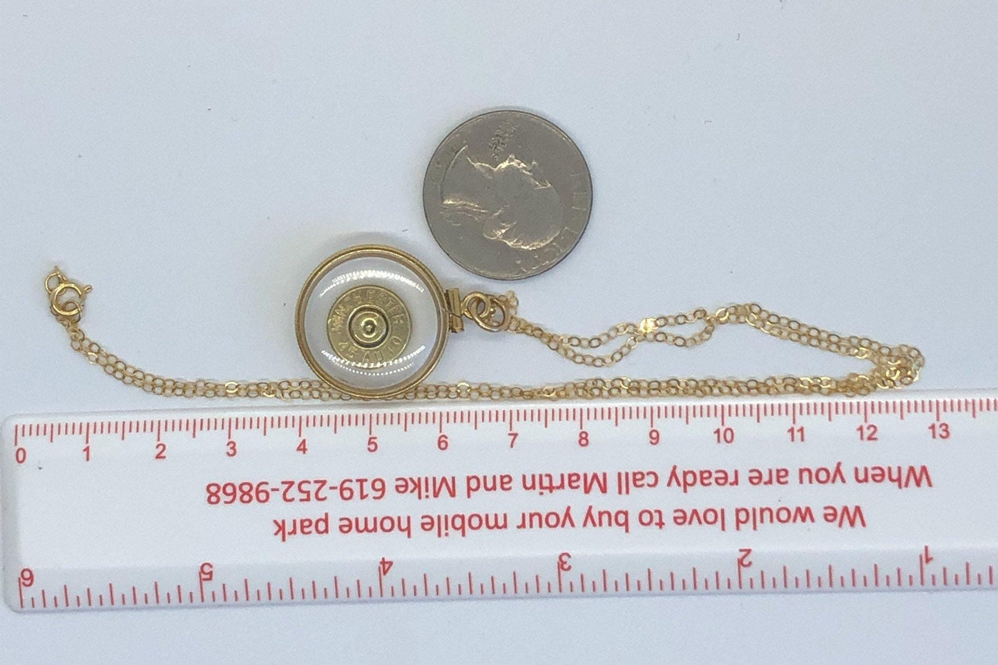 Winchester 45 cal. bullet necklace,  back to back view locket, 14k gold filled locket, february birthstone
