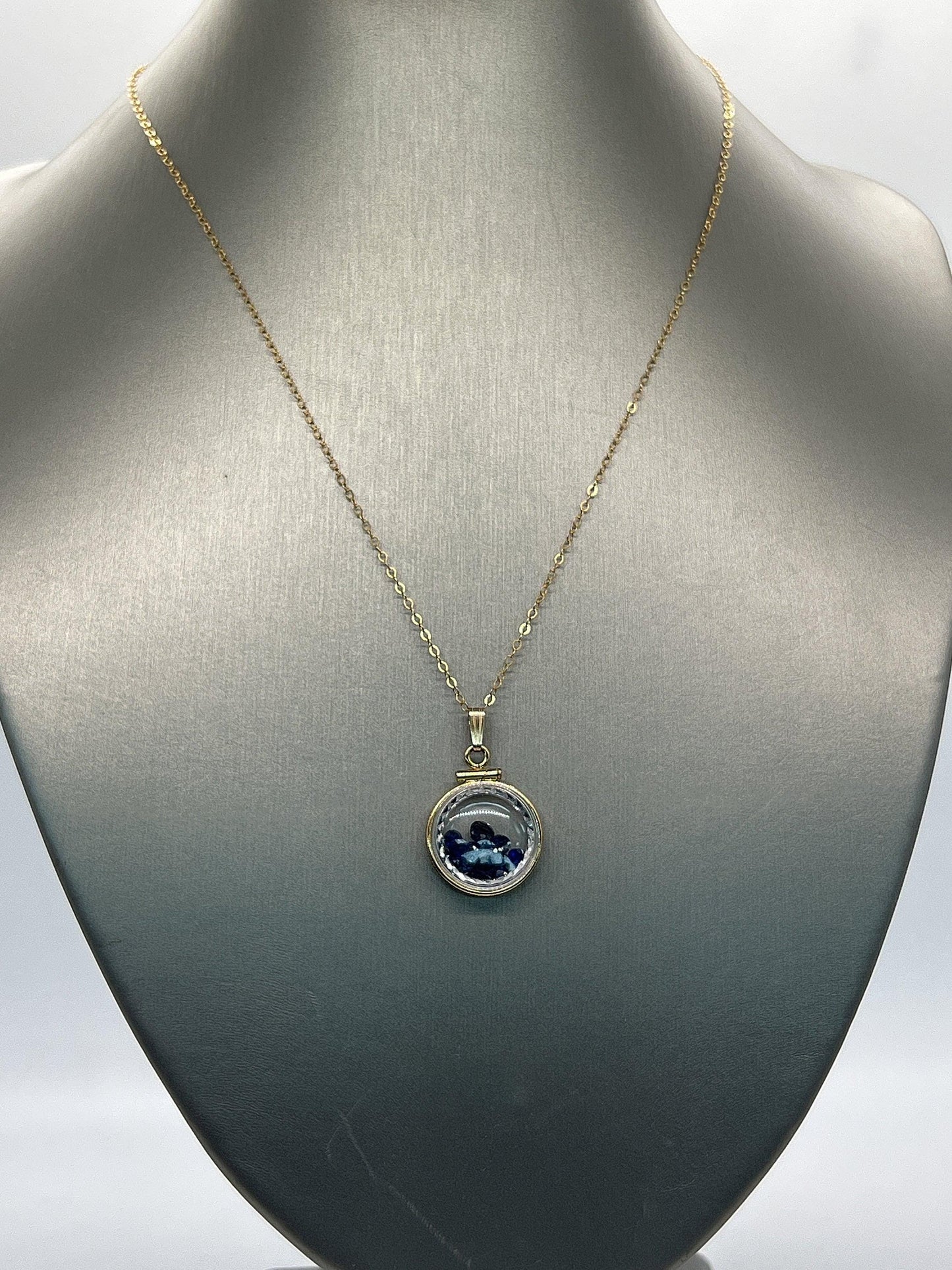 Hand made diamond edge dime size 14k gold filled lucite  shaker locket with 2.75 tcw round cut genuine blue sapphires ,september birthstone.