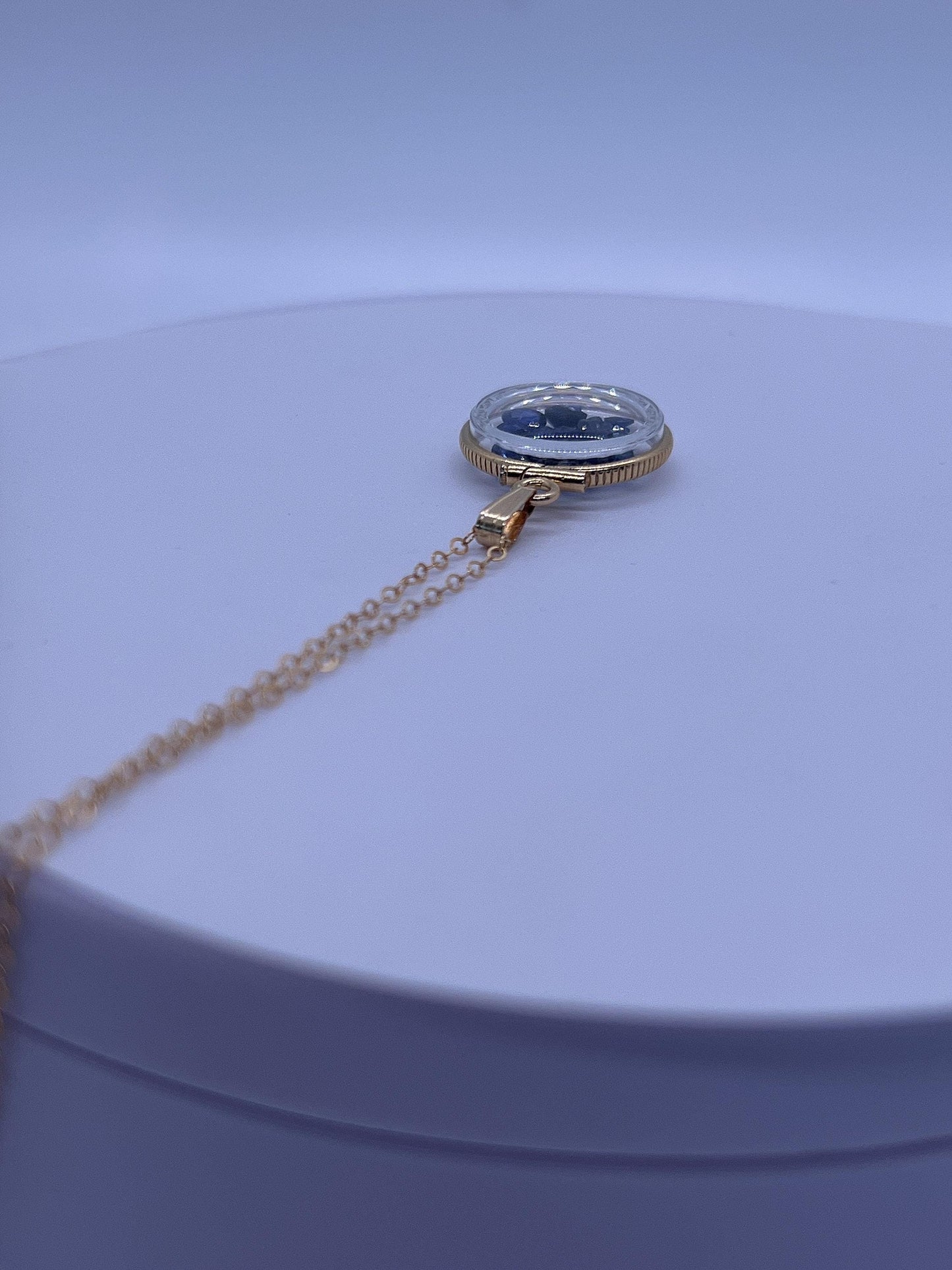 Hand made diamond edge dime size 14k gold filled lucite  shaker locket with 2.75 tcw round cut genuine blue sapphires ,september birthstone.